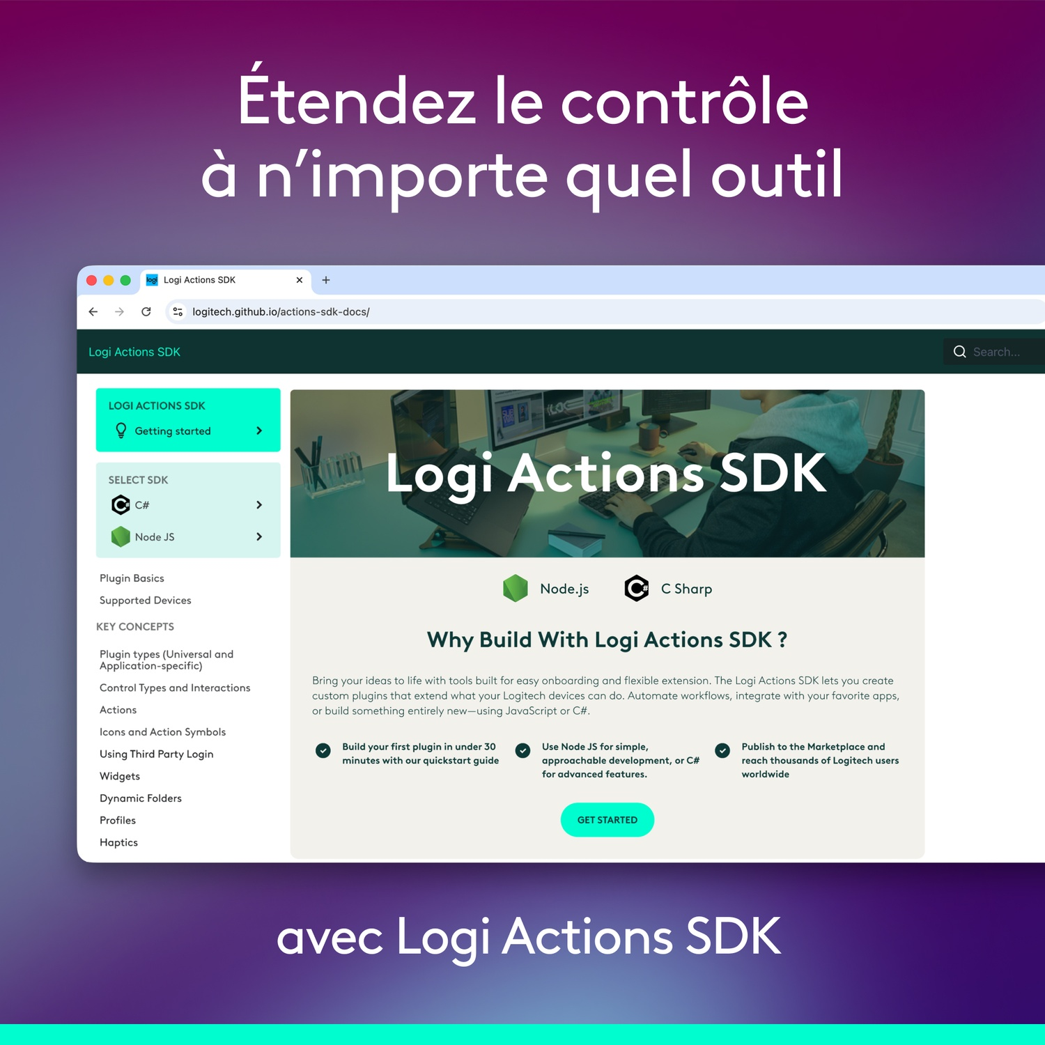 Capture d'écran de la page Logi Actions SDK montrant un éditeur de code et des accents verts.