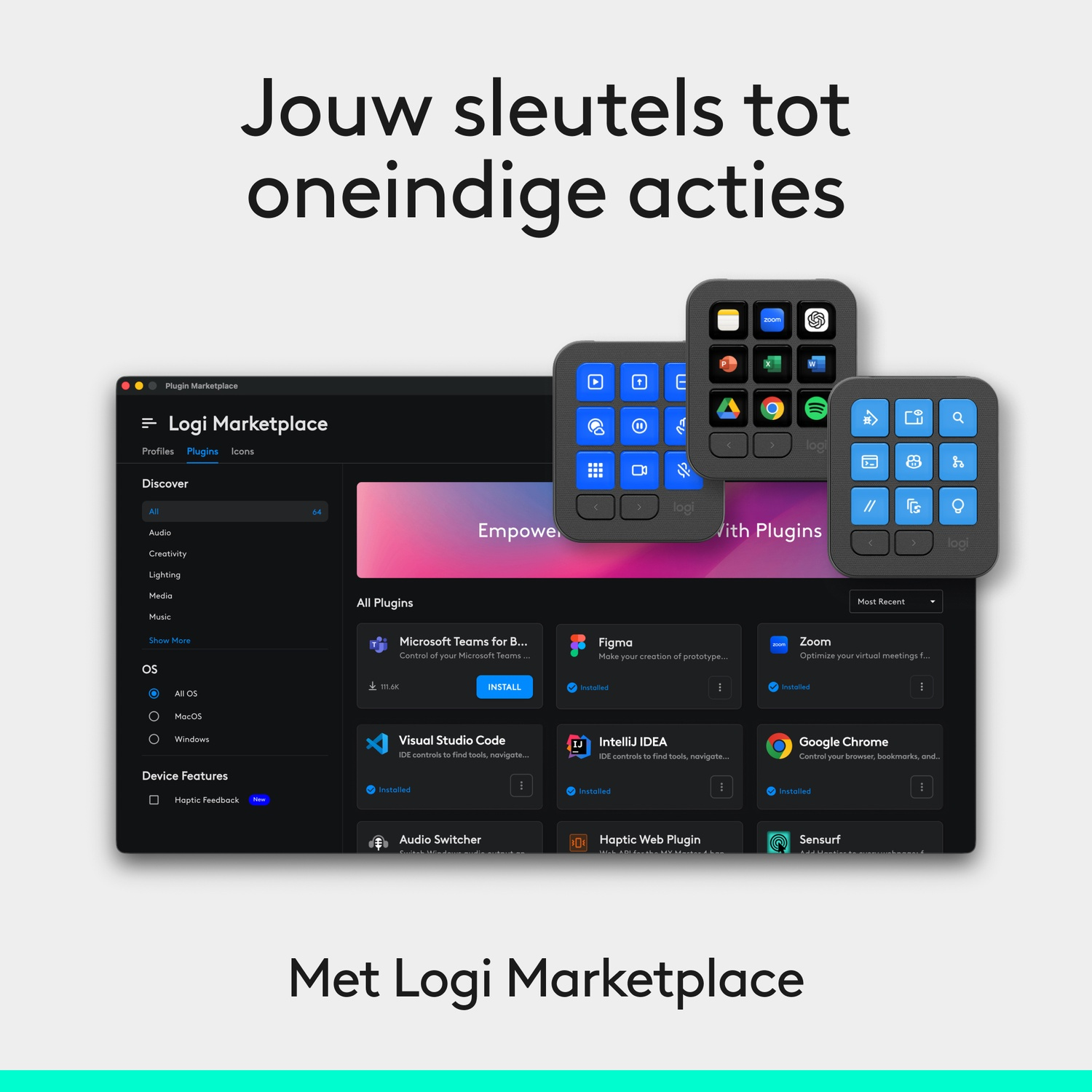 Logi Marketplace-software en drie kleine programmeerbare toetsenborden met app-pictogrammen.