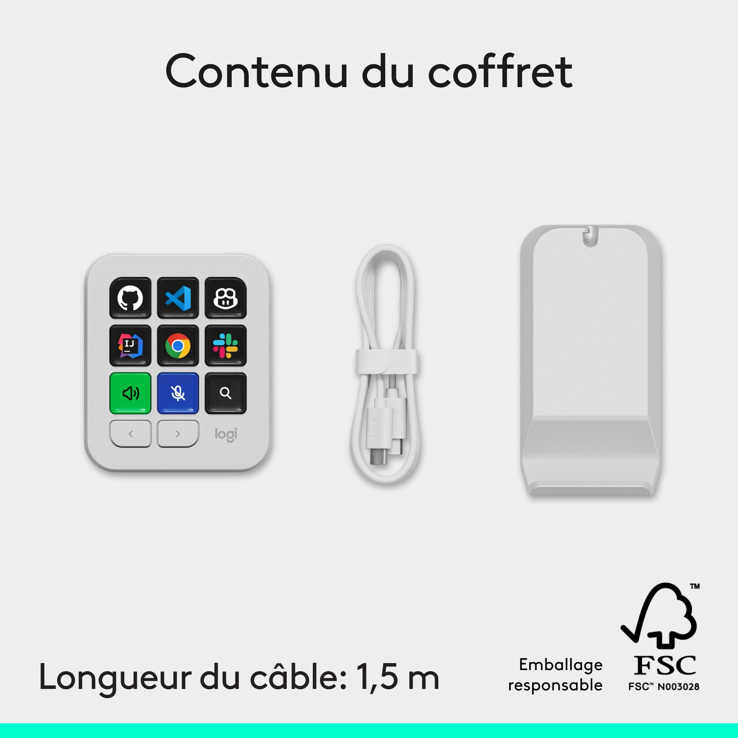 Contenu avec un pavé de contrôle Logi, un câble blanc de 1,5 m et un support gris.