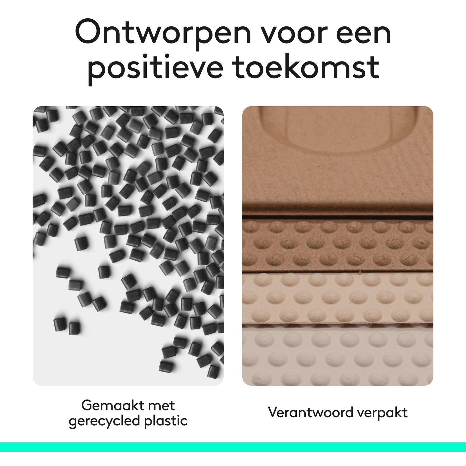 Zwarte gerecyclede plastic korrels links en verschillende getextureerde bruine en beige verpakkingslagen rechts.