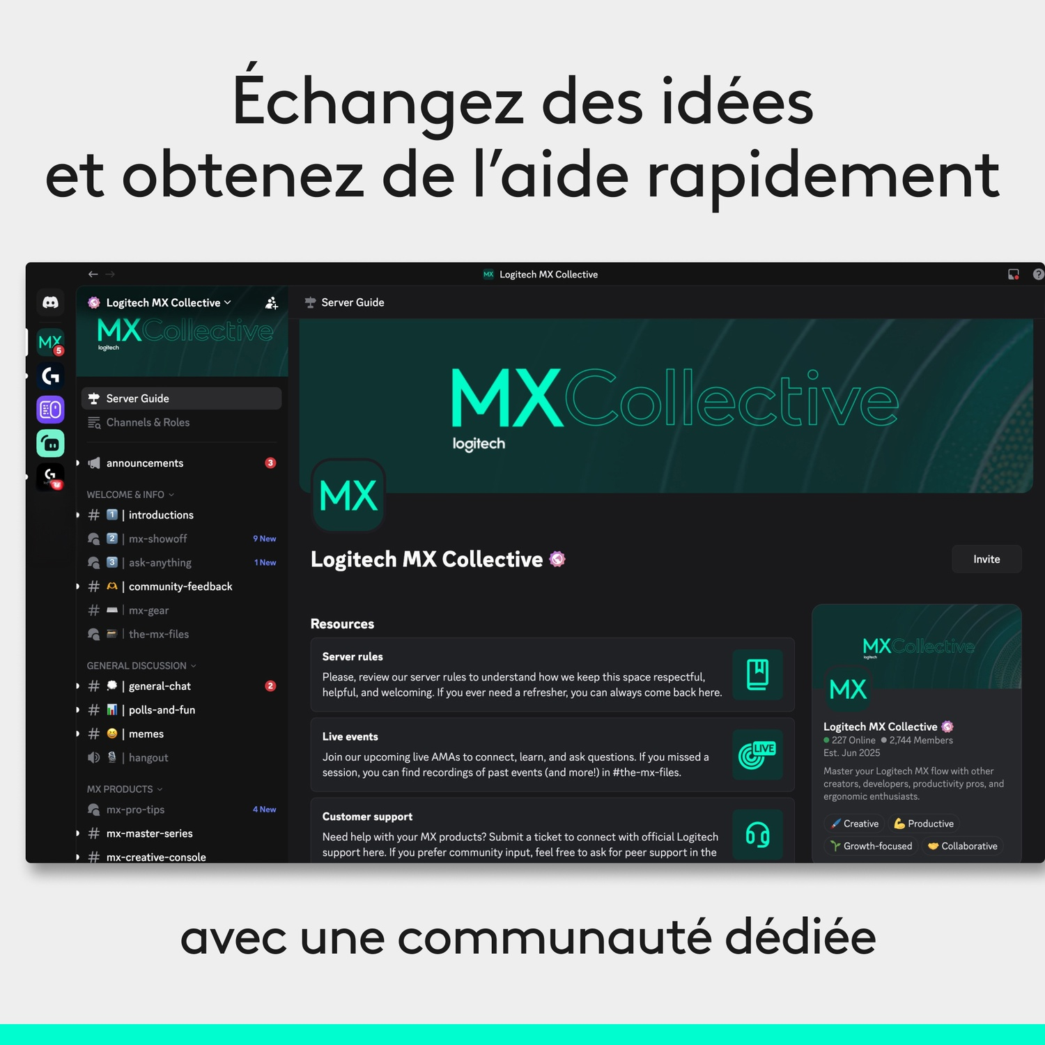 Interface Discord de la communauté Logitech MX Collective avec des canaux et des ressources.