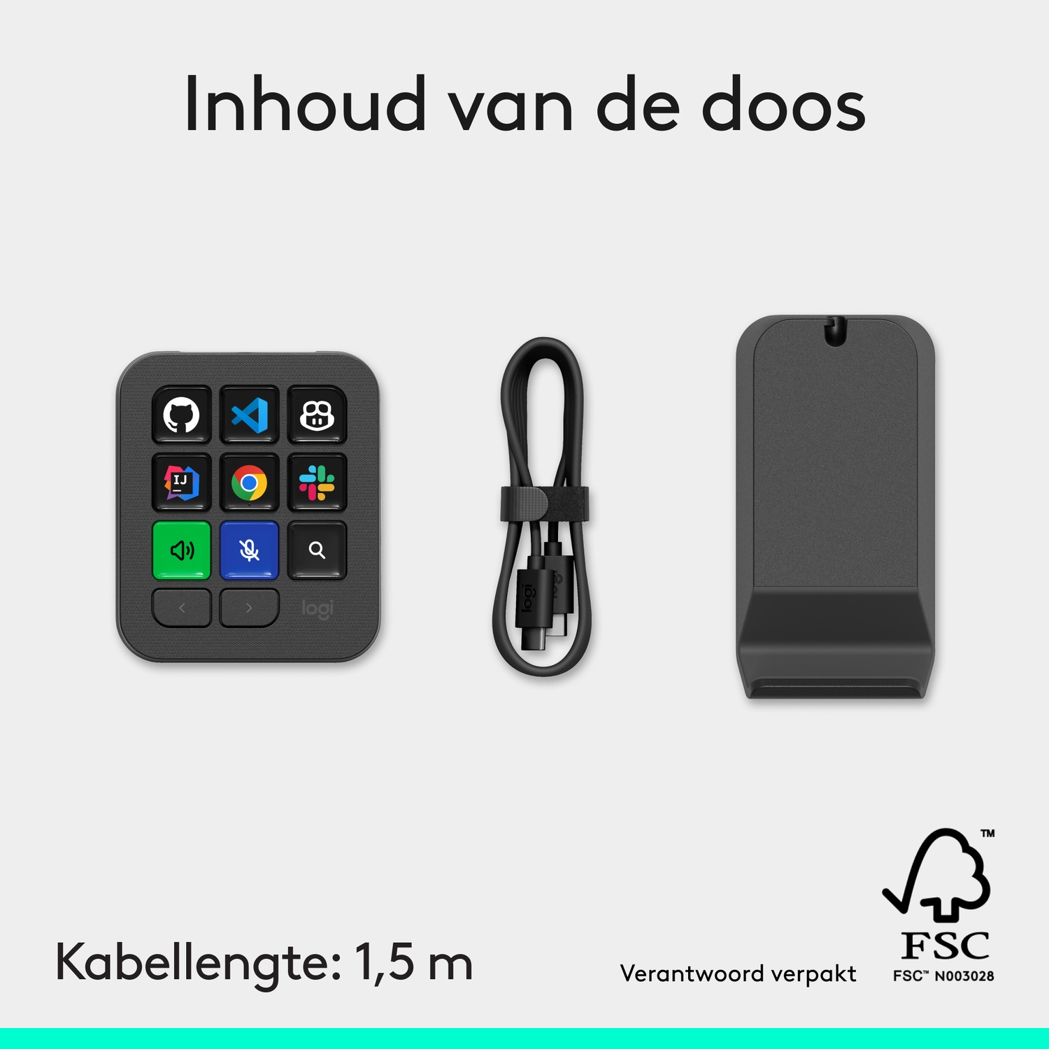 Een zwarte macropad met pictogrammen, een USB-C-kabel en een zwarte standaard op een lichte achtergrond.