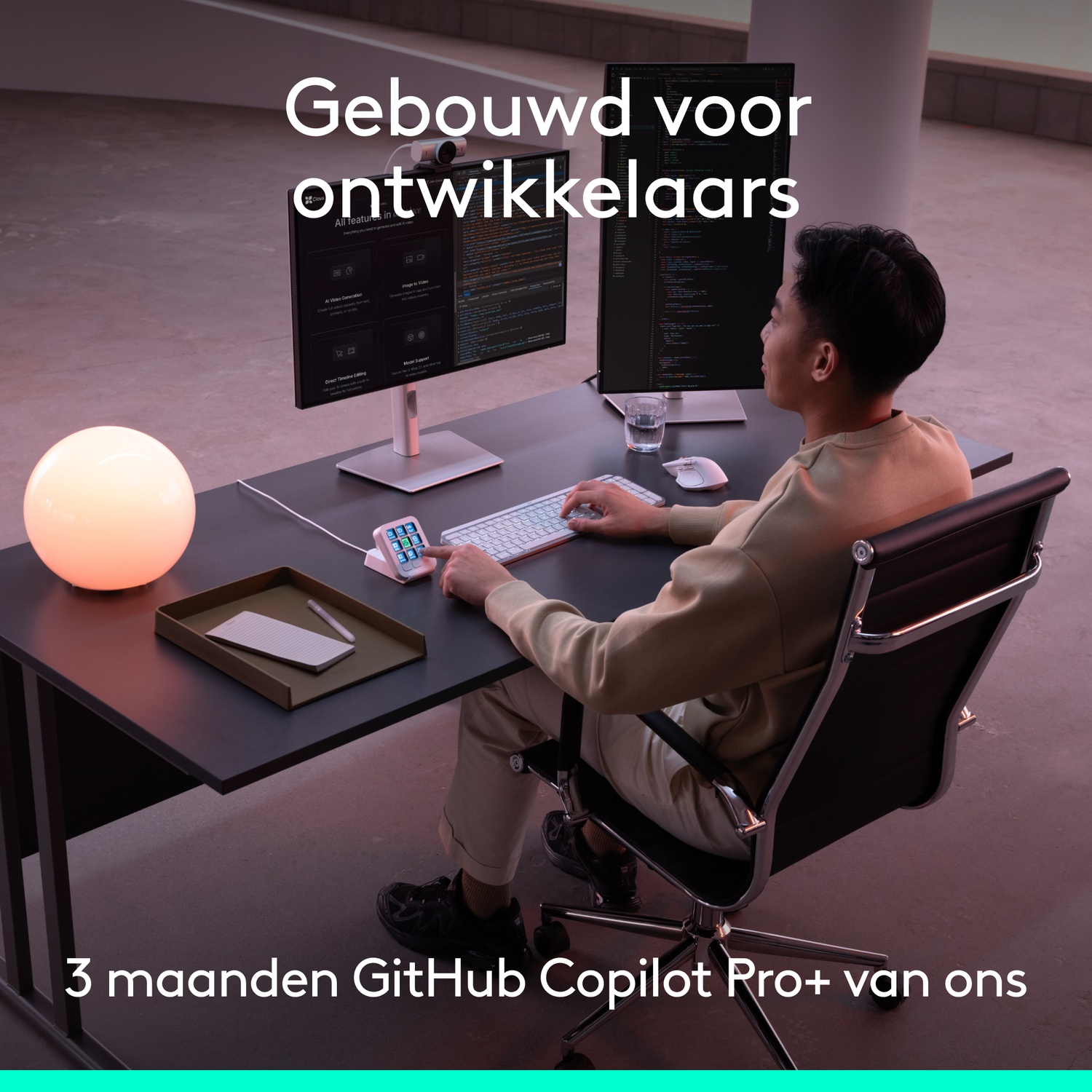Een ontwikkelaar aan een donker bureau met twee schermen, een ronde lamp en Nederlandse tekst.