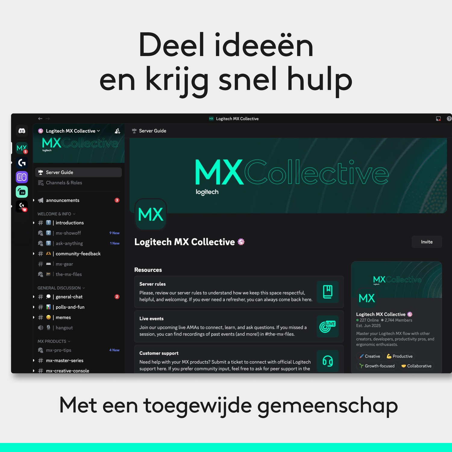 Screenshot van de Logitech MX Collective Discord-interface met kanalen.