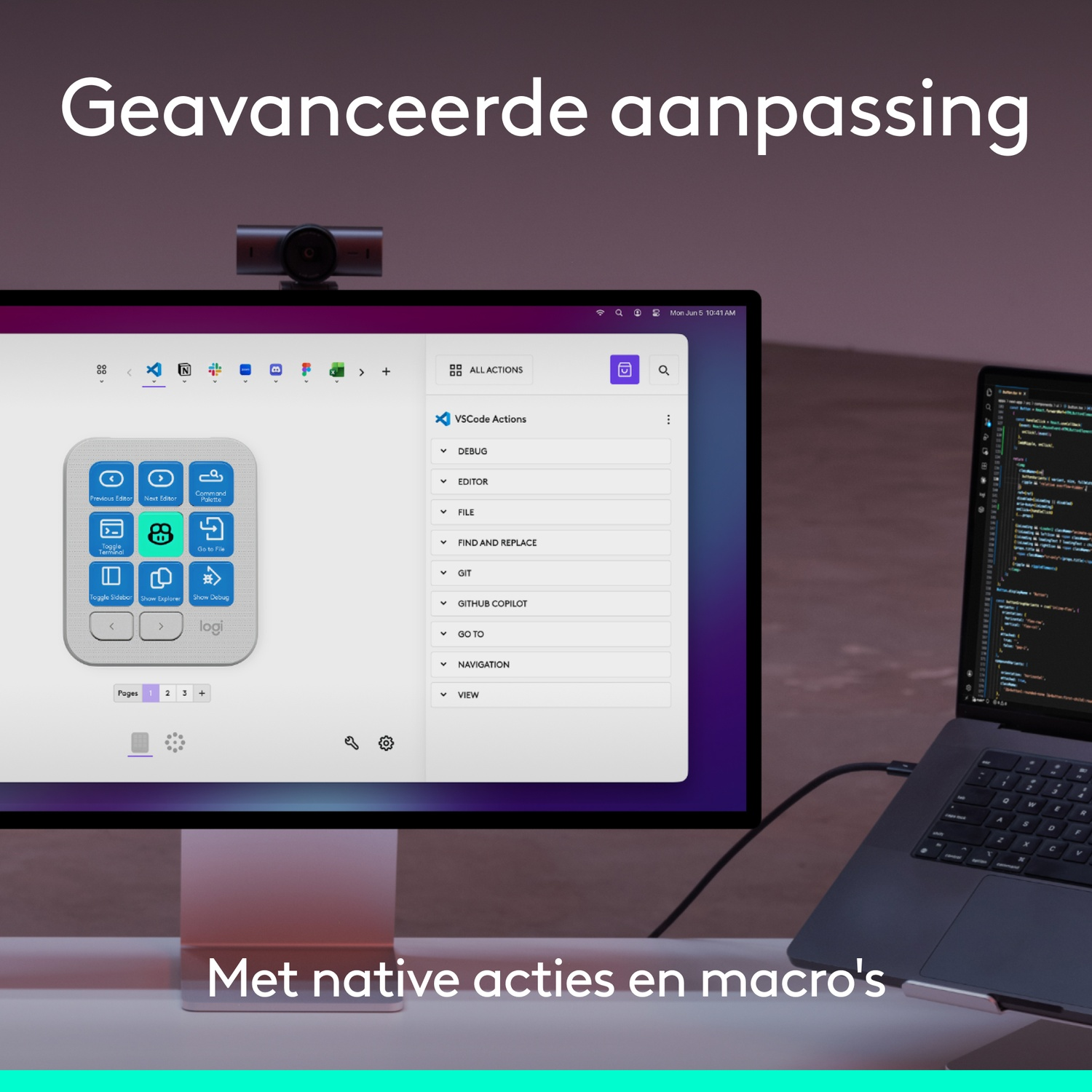 Een computermonitor en laptop tonen een software-aanpassingsmenu met pictogrammen.