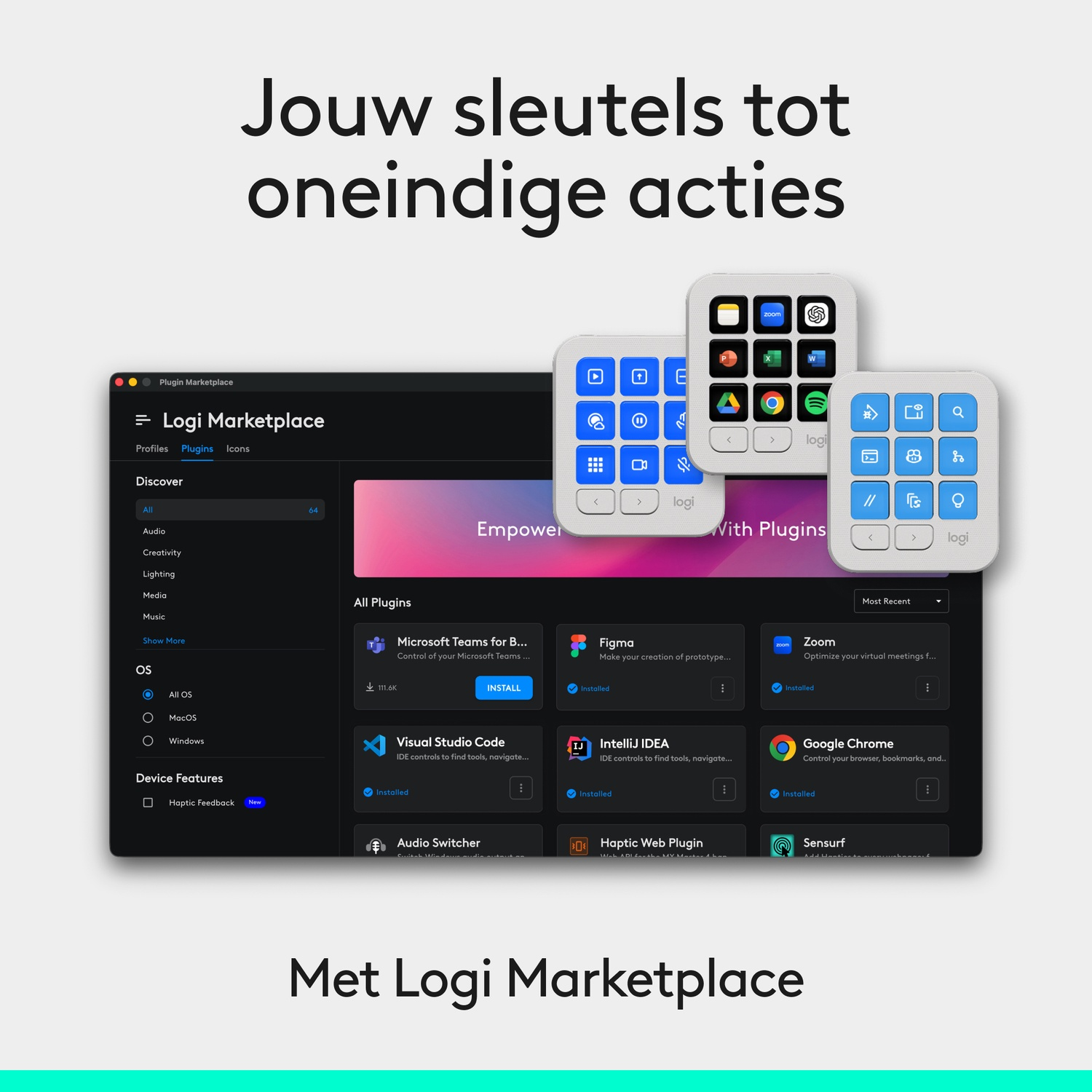 Logi Marketplace-software en drie kleine apparaten met aanpasbare knoppen voor verschillende apps.
