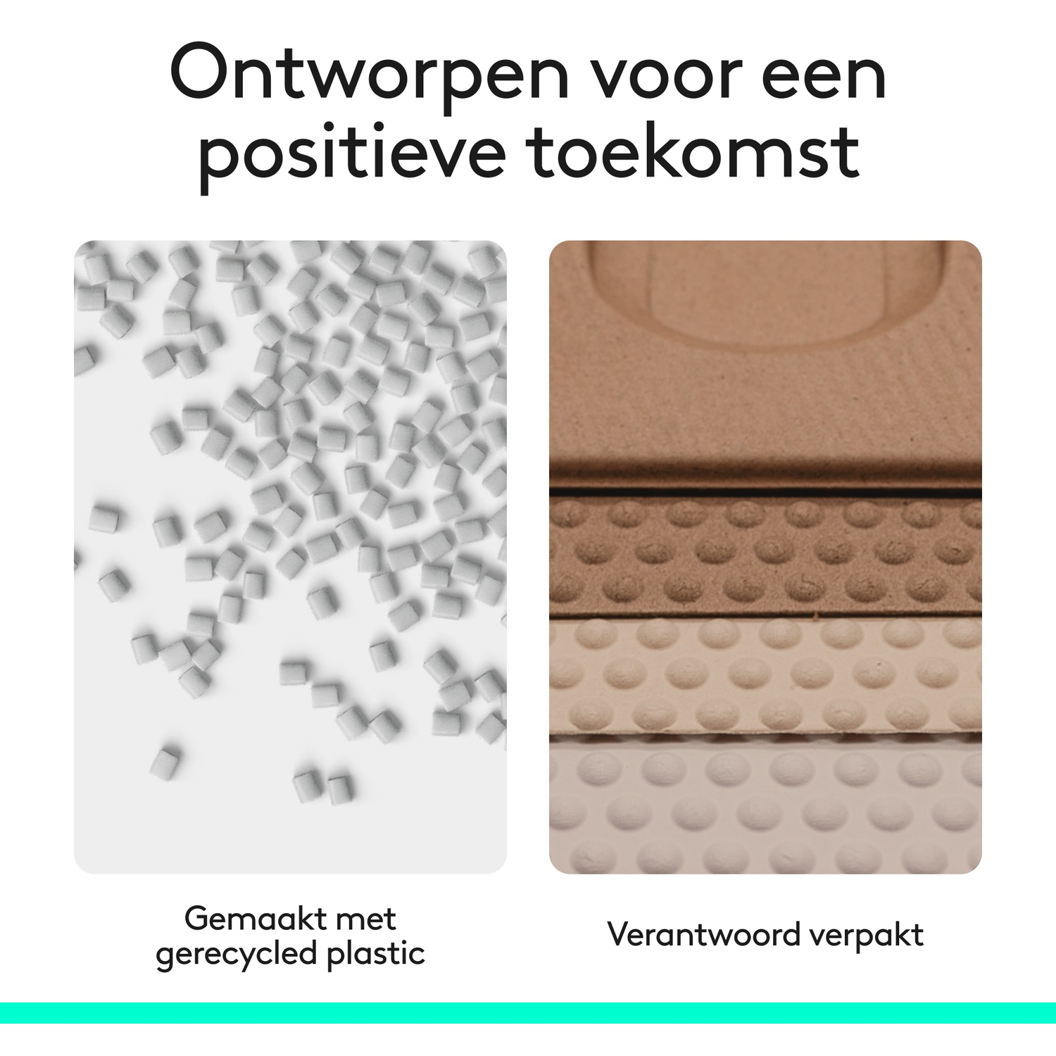 Tekst over duurzame verpakkingen met gerecyclede plastic korrels en kartonnen monsters.