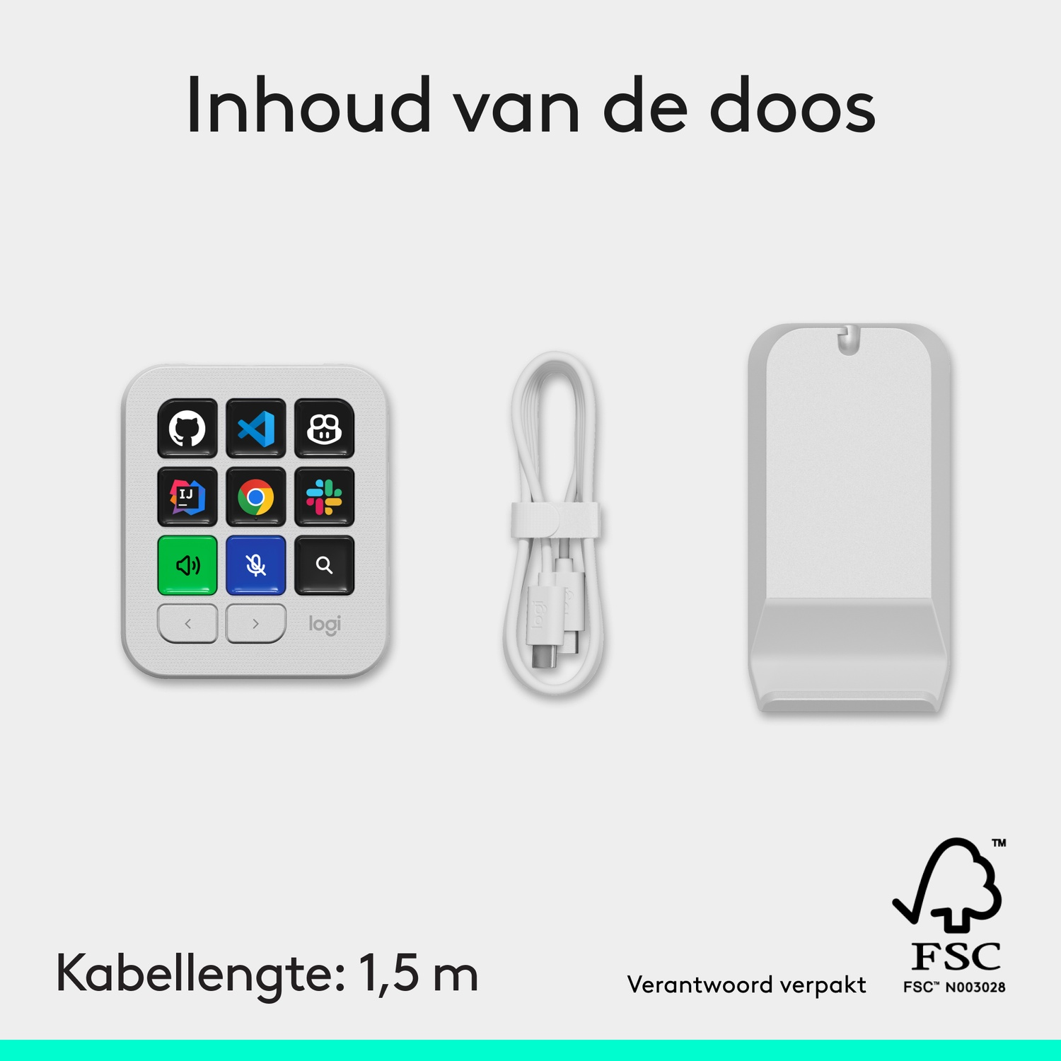 Inhoud van de doos: een wit macropad met gekleurde toetsen, een USB-C-kabel en een standaard op een grijze achtergrond.