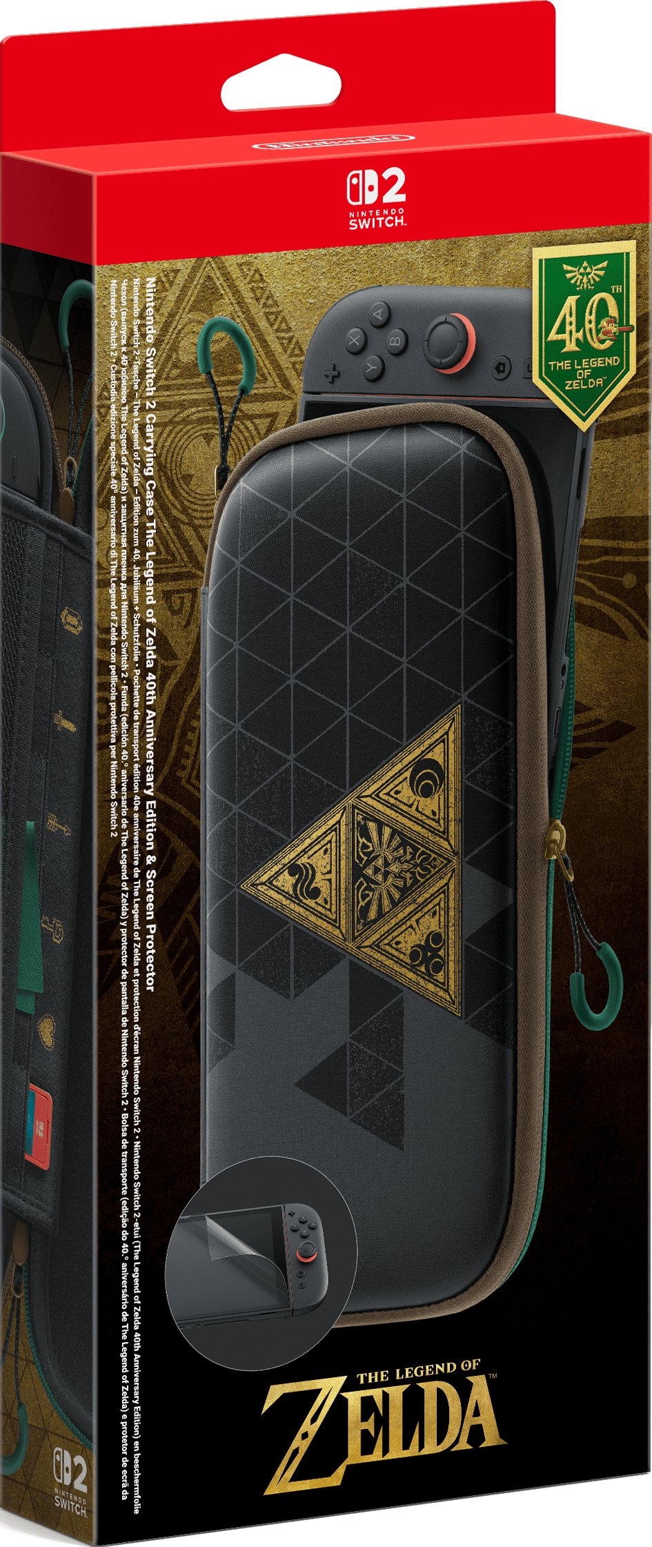 Nintendo Switch 2 Zelda-Schutzhülle und Folie in roter Box.
