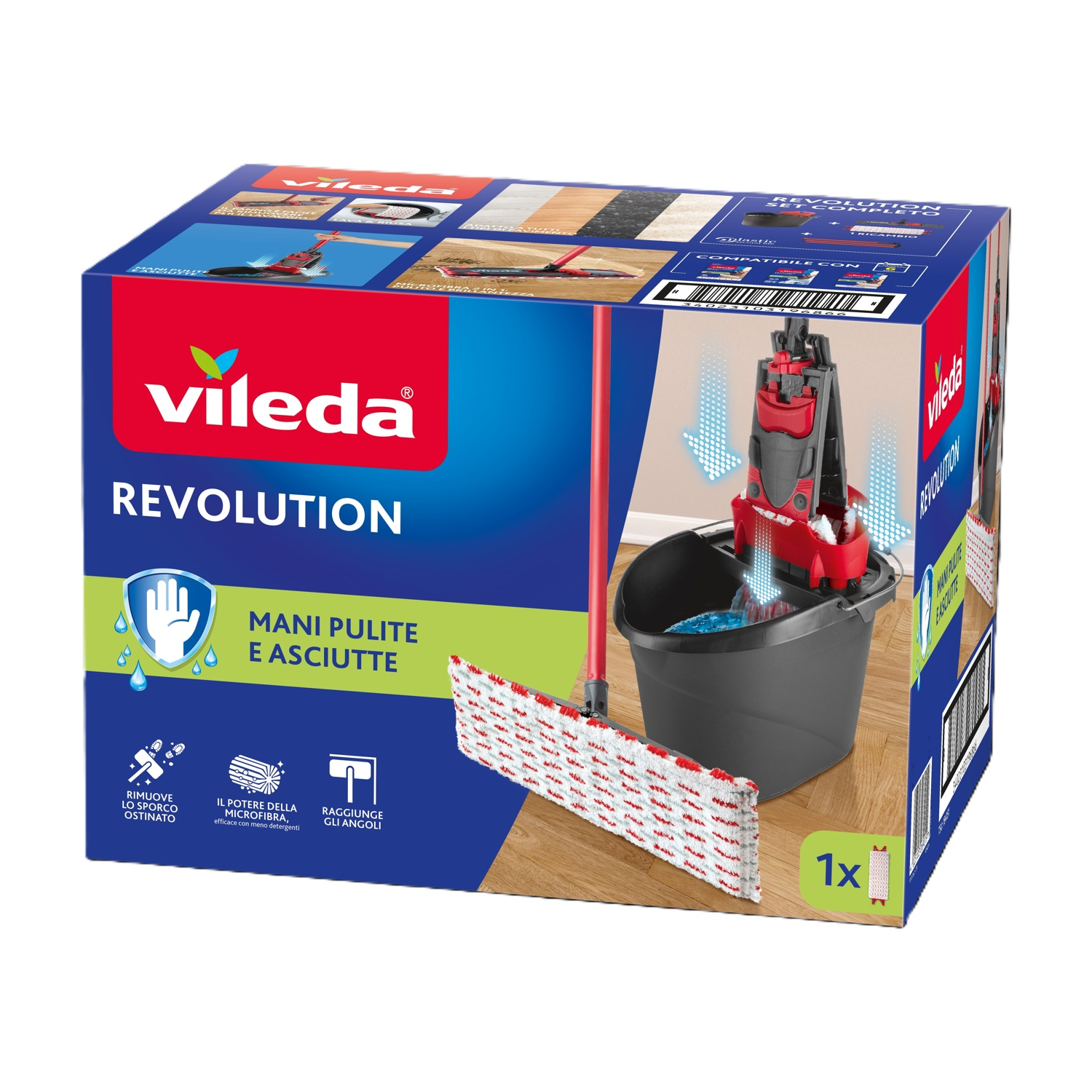 Set mocio Vileda Revolution in scatola blu con secchio e scopa su pavimento in legno.