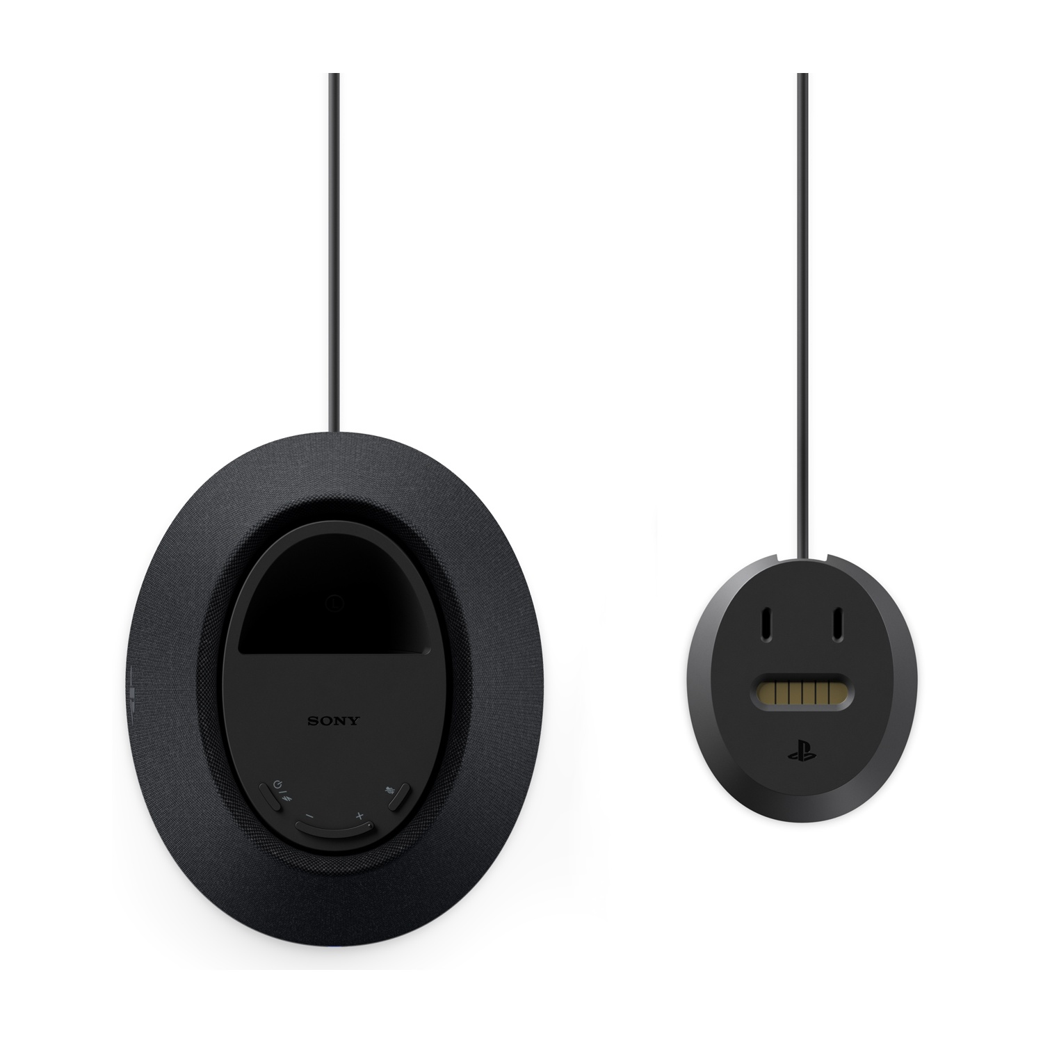 Due unità di ricarica per auricolari Sony Pulse Explore nere su sfondo bianco.
