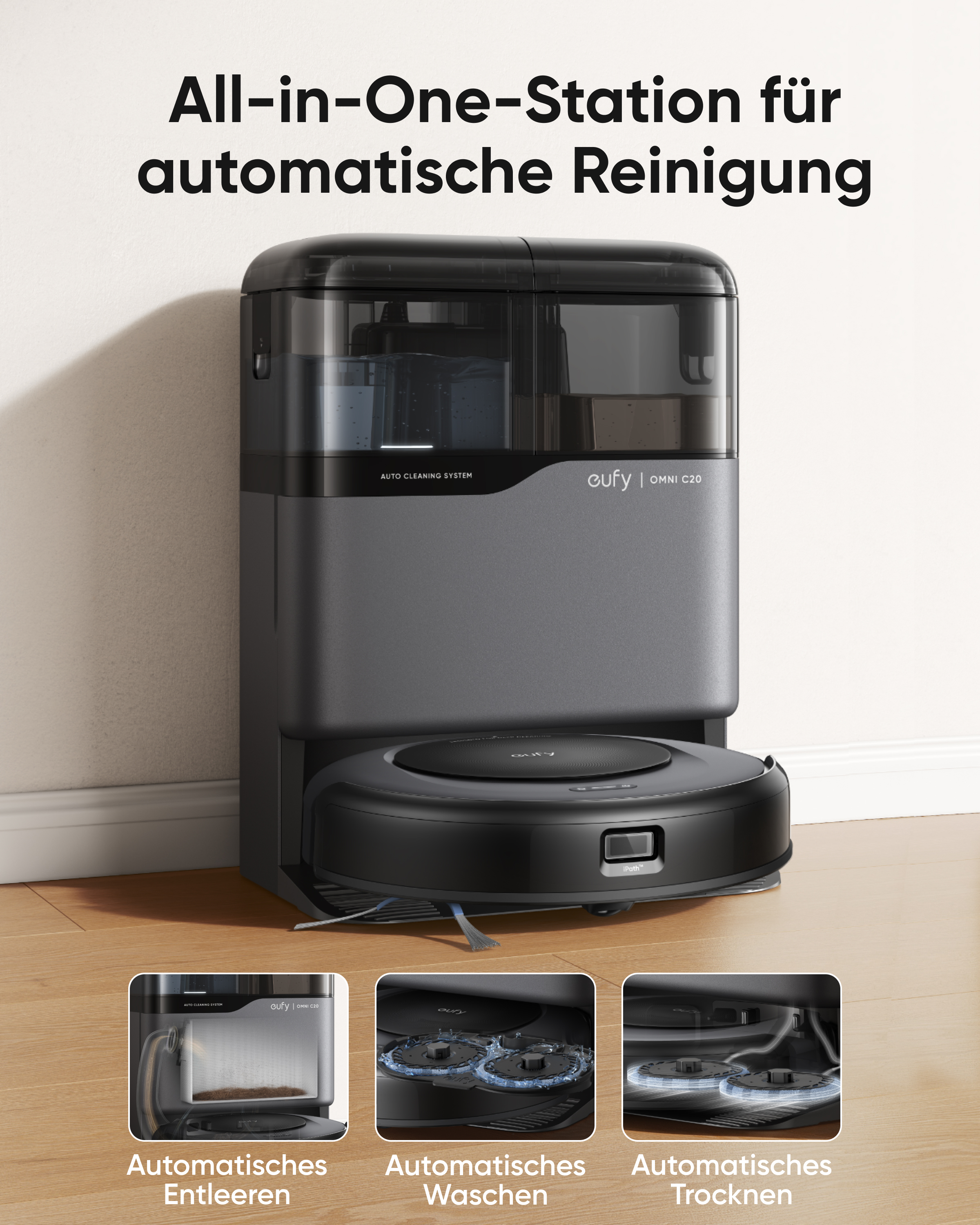 Eufy All-in-One-Station mit automatischem Staubsauger und Reinigungssystem auf einem Holzboden.