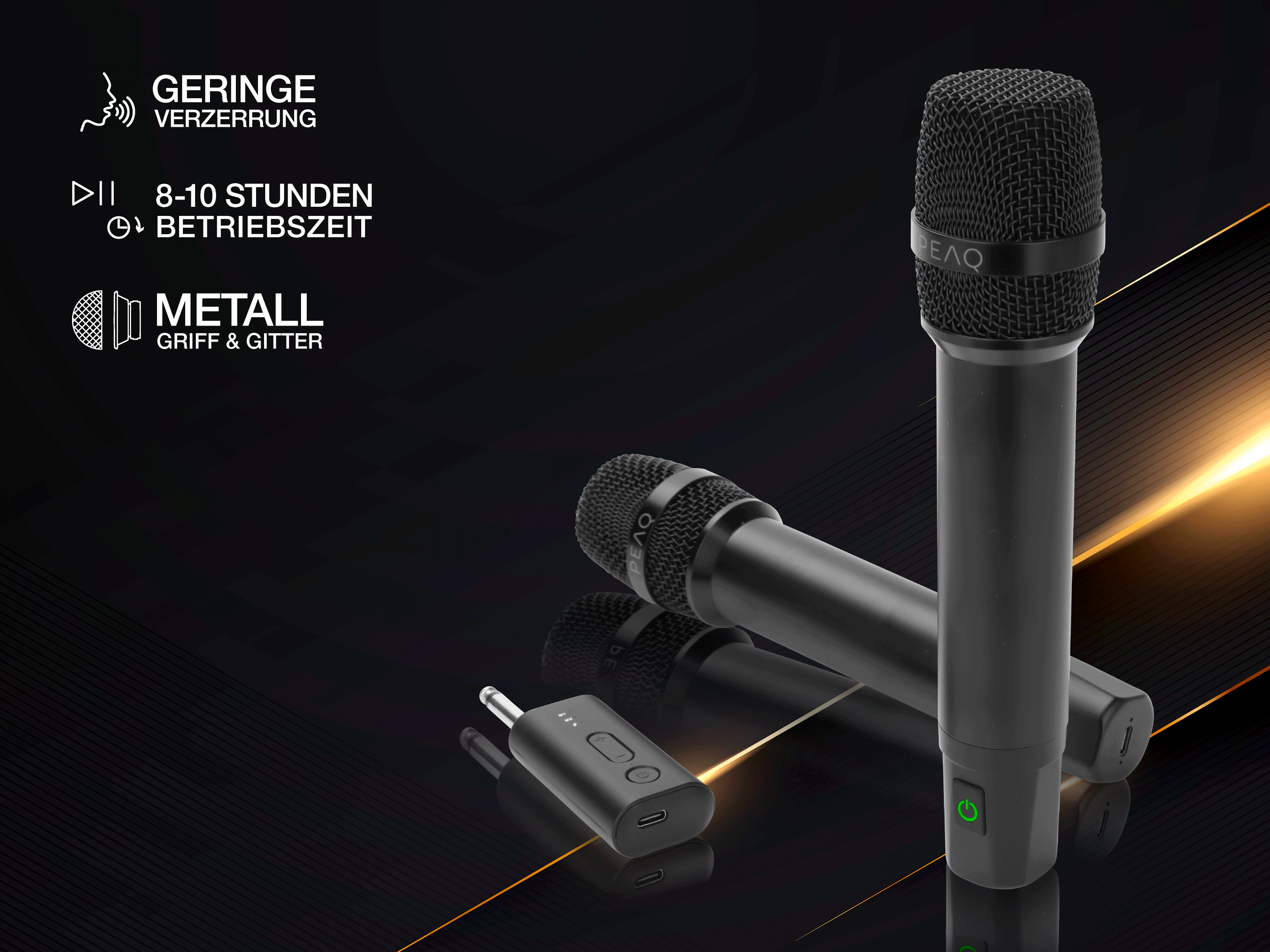 Deux microphones sans fil noirs avec grille métallique et un récepteur sur fond noir avec du texte.