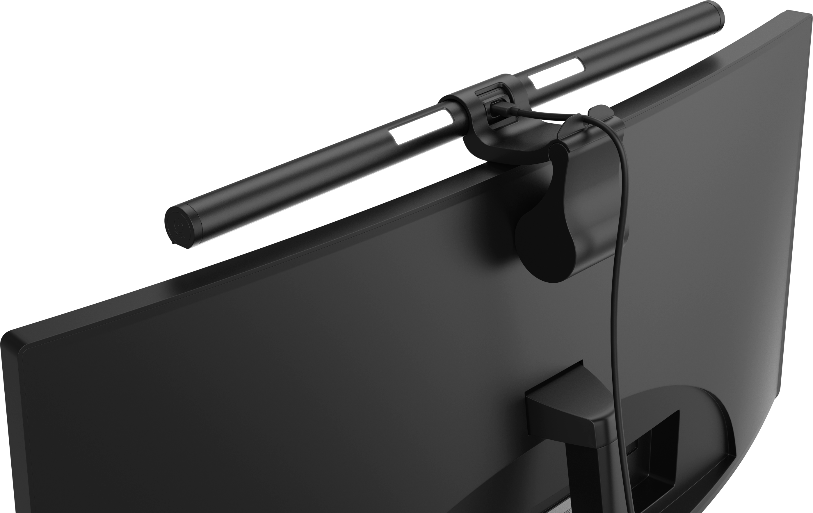 Eine schwarze Bildschirmleuchte ist auf einem Computermonitor montiert und wird von hinten gezeigt.