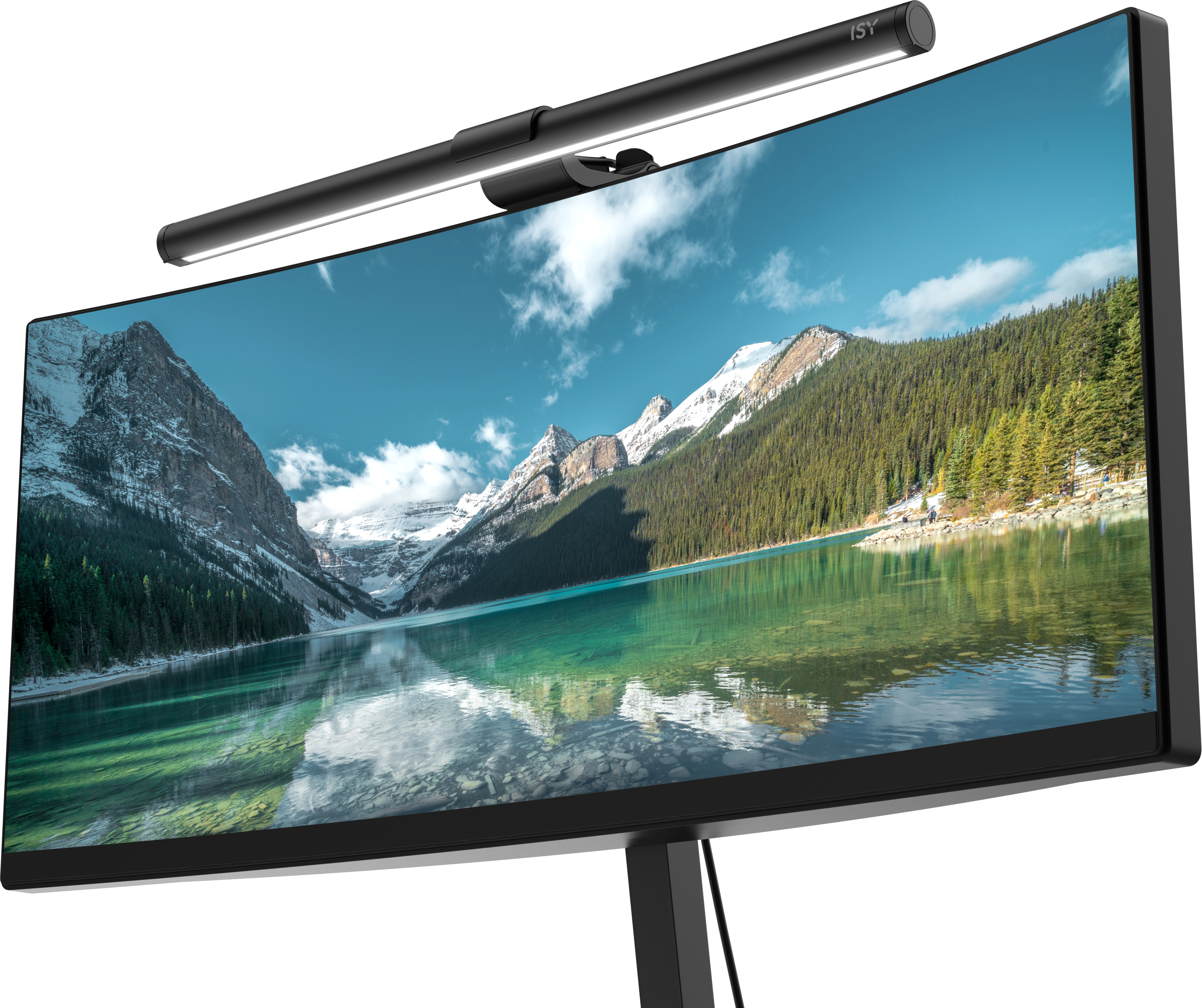 Ein gebogener Monitor mit angebrachter LED-Leuchte zeigt eine Berg- und See-Landschaft.