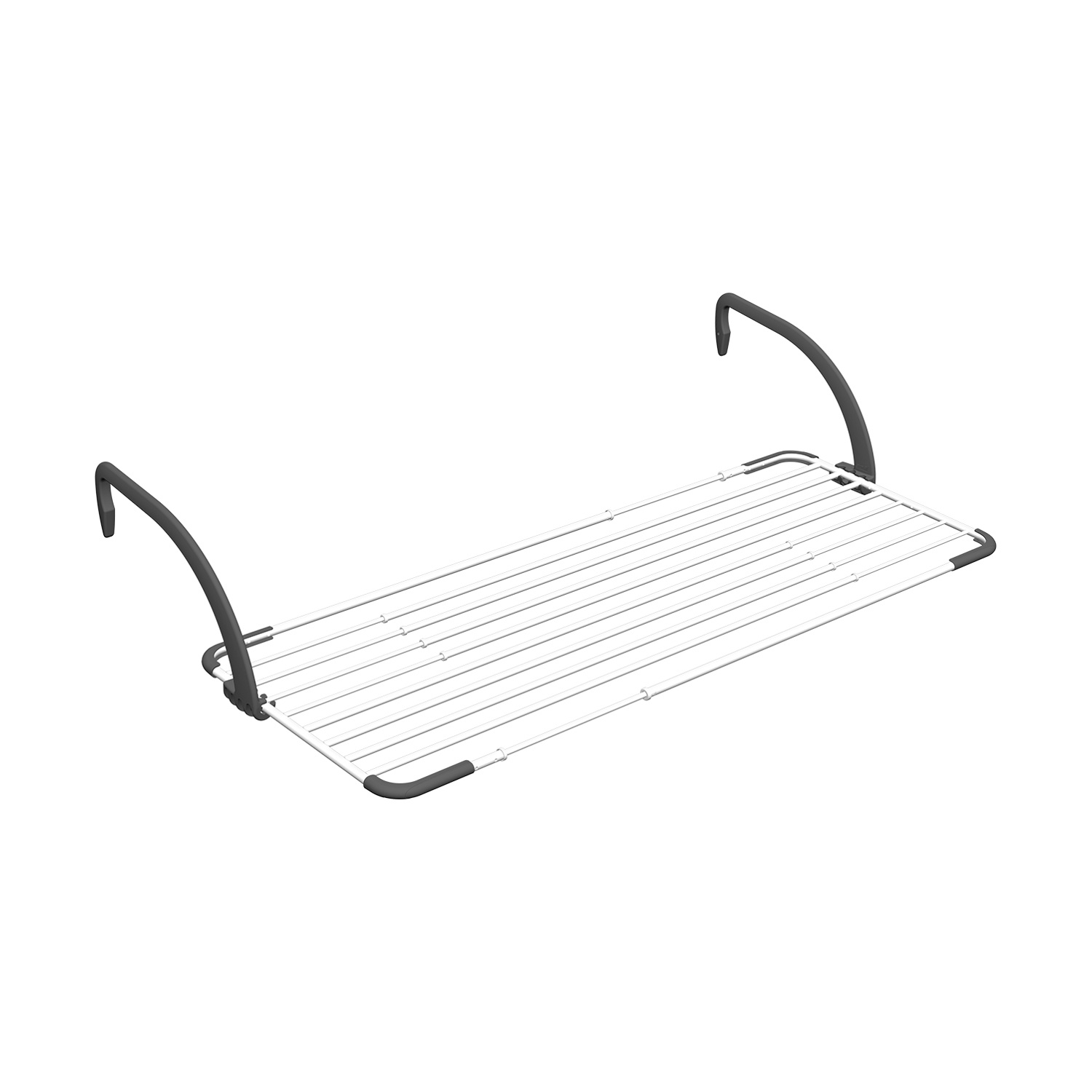 Uno stendibiancheria da balcone bianco con bracci e angoli grigi su sfondo bianco.