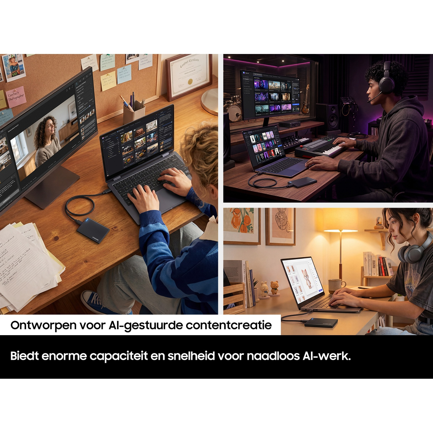 Trois personnes utilisent des ordinateurs portables et des SSD pour un travail créatif.