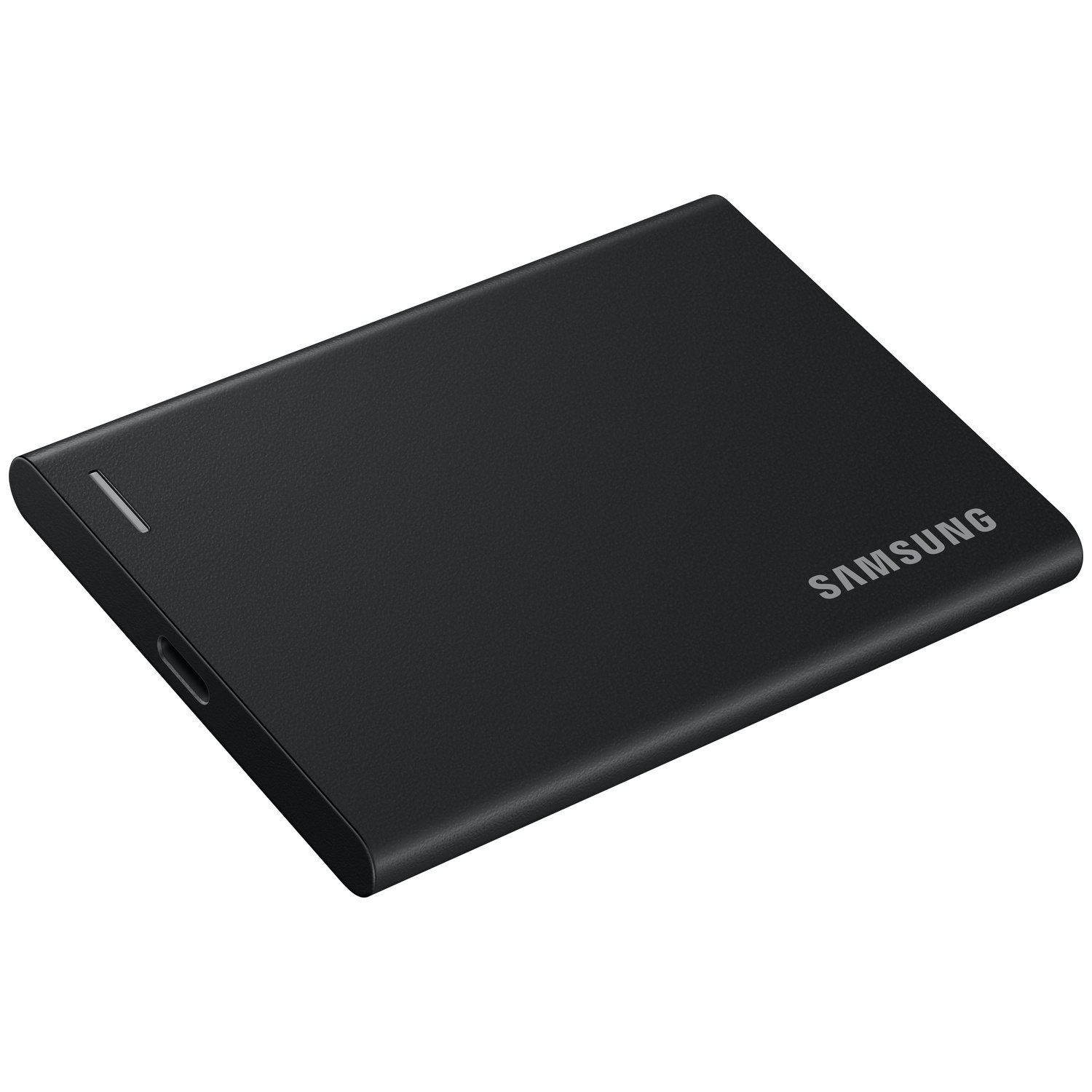 Zwarte Samsung SSD externe harde schijf met USB-C poort op witte achtergrond.