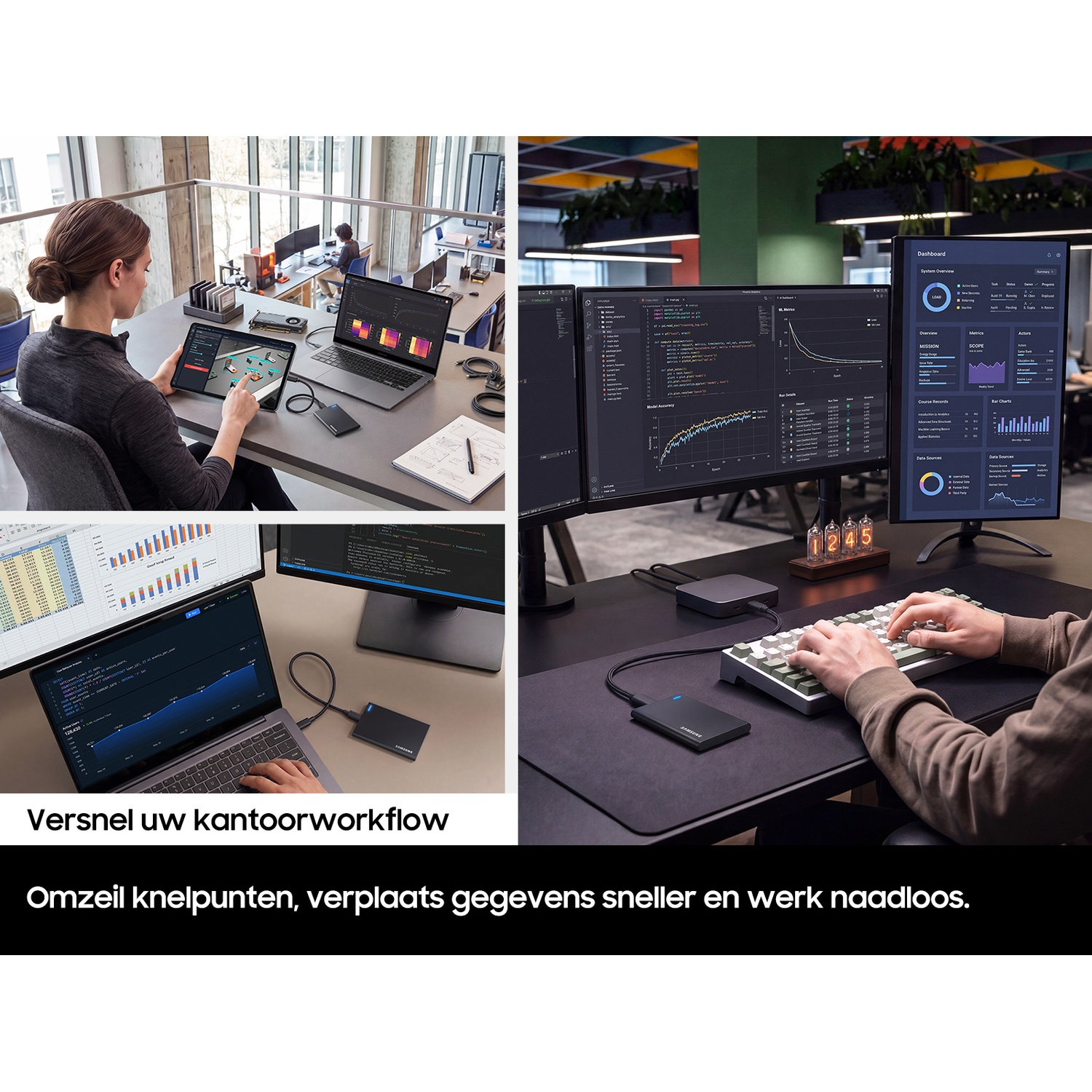 Diverses scènes montrent des personnes travaillant sur des ordinateurs et des ordinateurs portables.