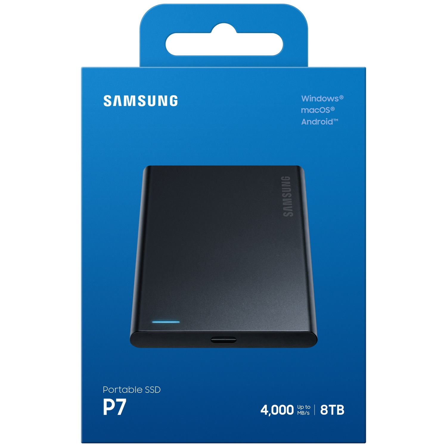 Blauwe Samsung Portable SSD P7 productdoos met zwarte SSD afbeelding en specificaties.