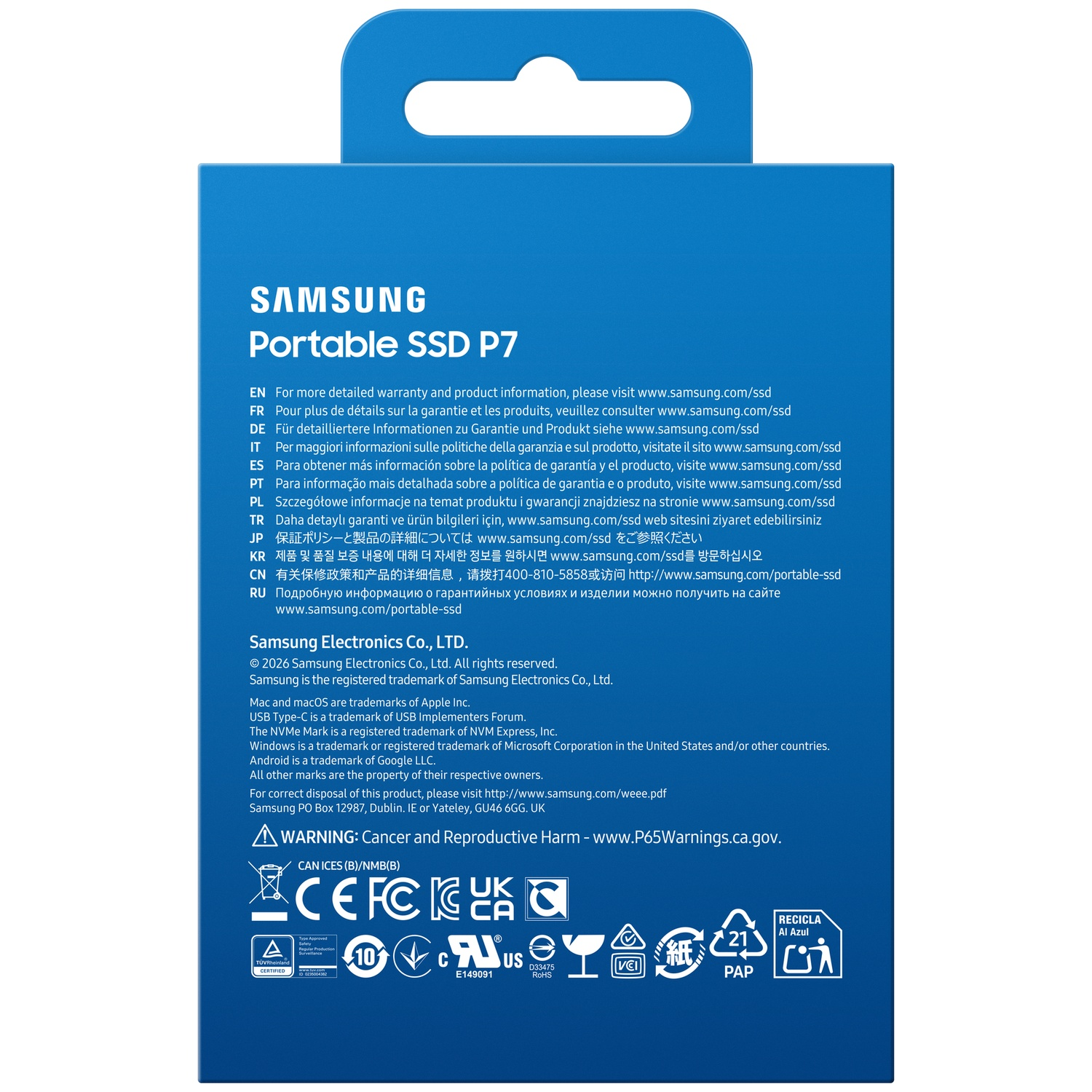Achterkant van de blauwe Samsung Portable SSD P7 verpakking met garantie- en juridische teksten en symbolen.
