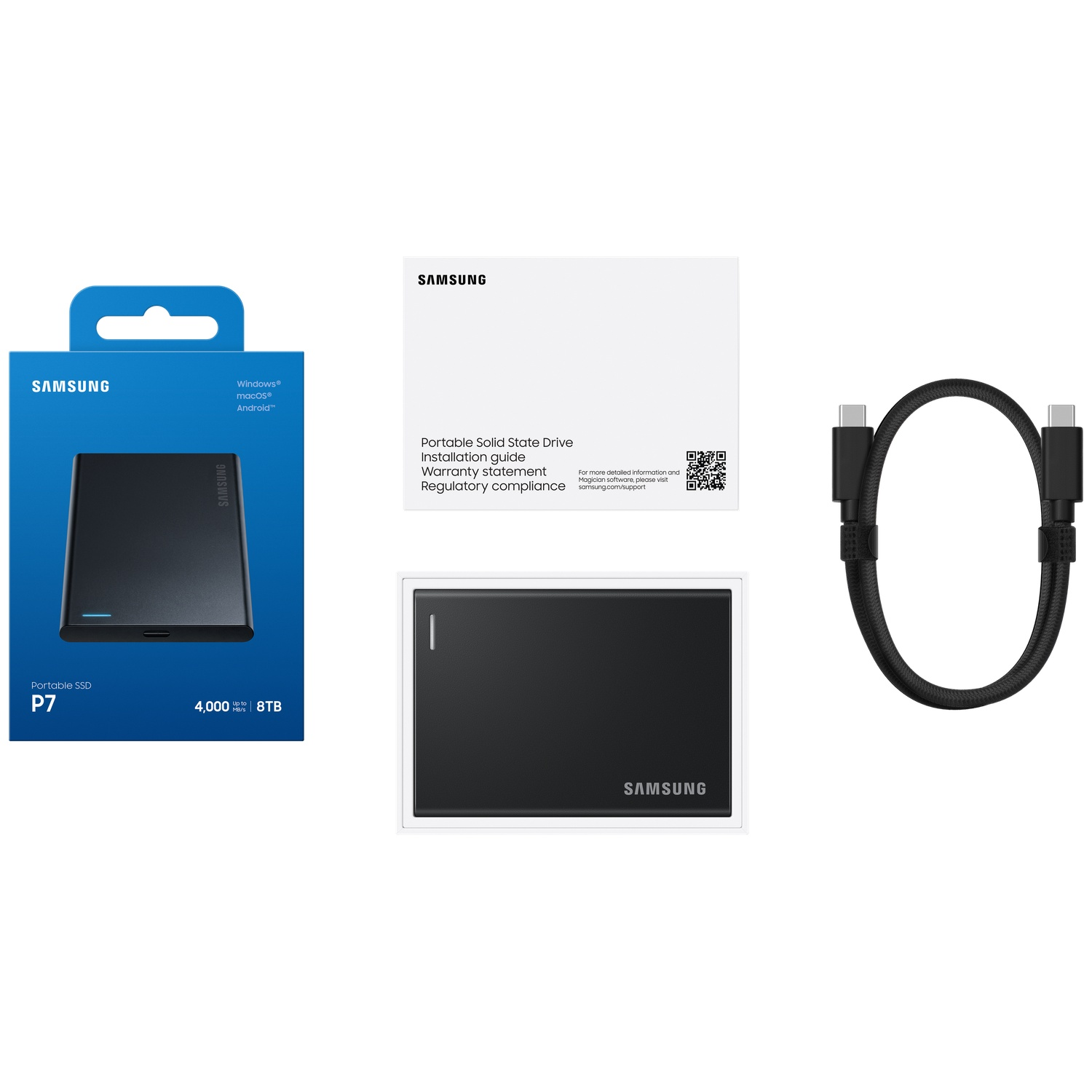 Samsung P7 draagbare SSD met verpakking, handleiding en USB-C-kabel op een witte achtergrond.