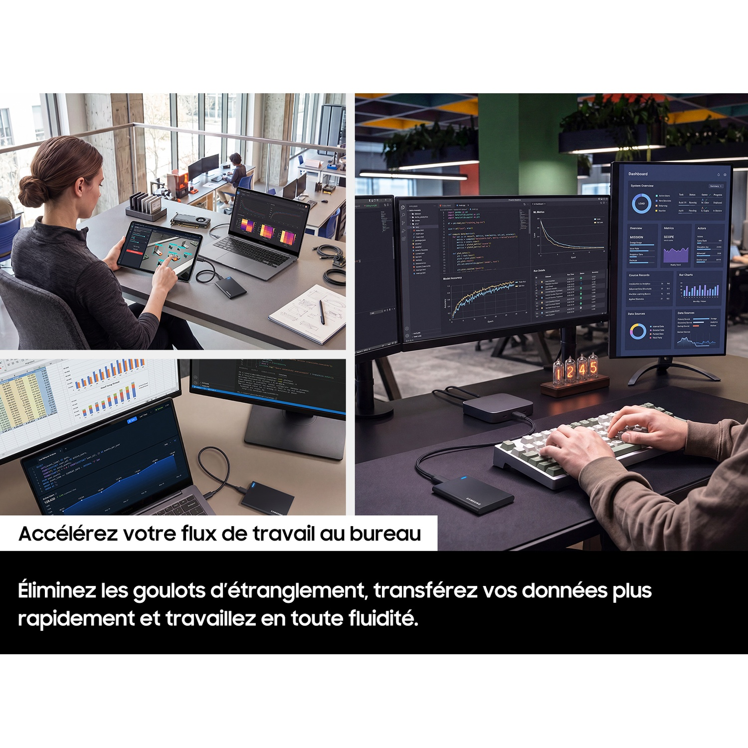 Plusieurs scènes montrent des personnes travaillant à des bureaux avec plusieurs moniteurs, ordinateurs portables et SSD.