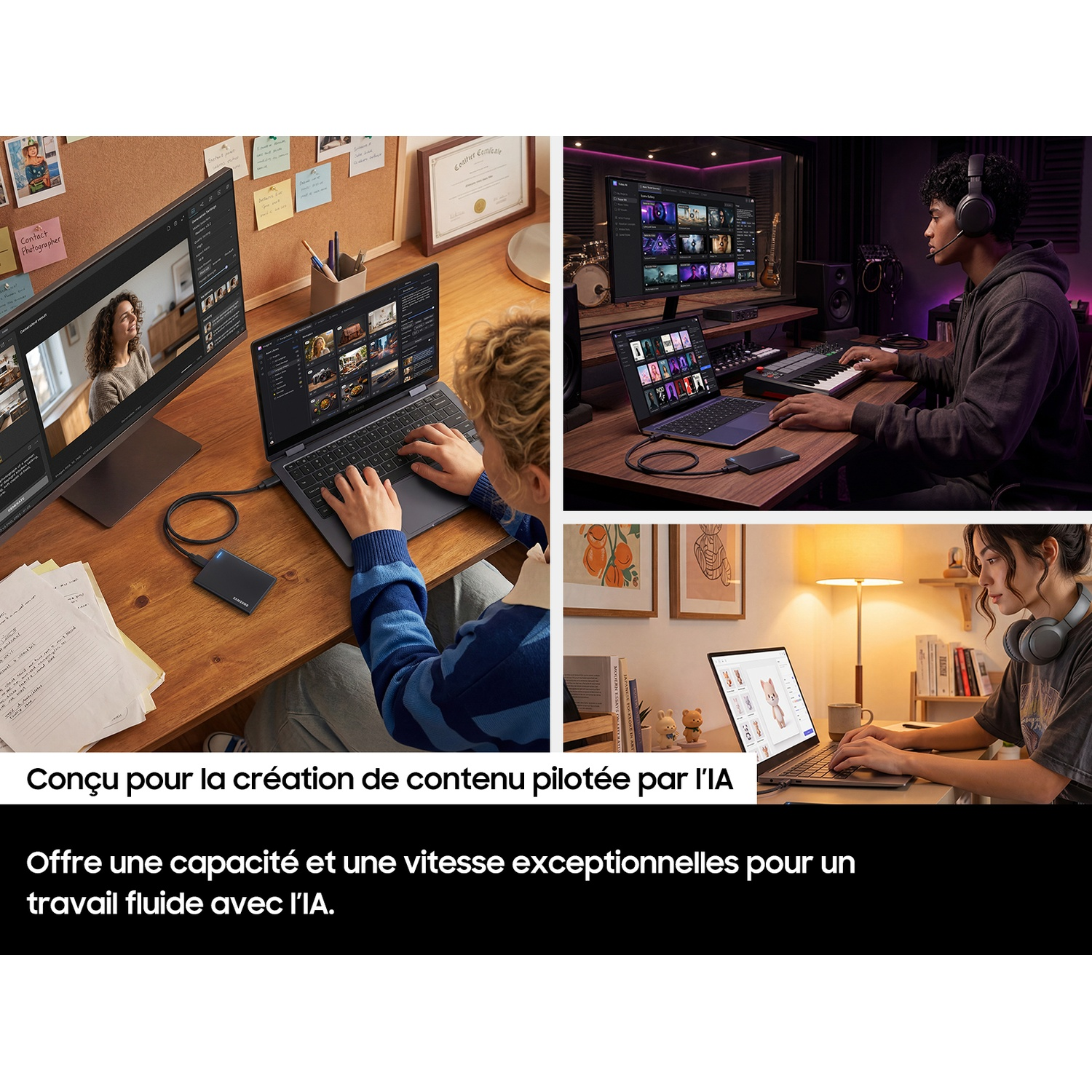 Personnes utilisant des ordinateurs portables et des disques externes pour la création de contenu.