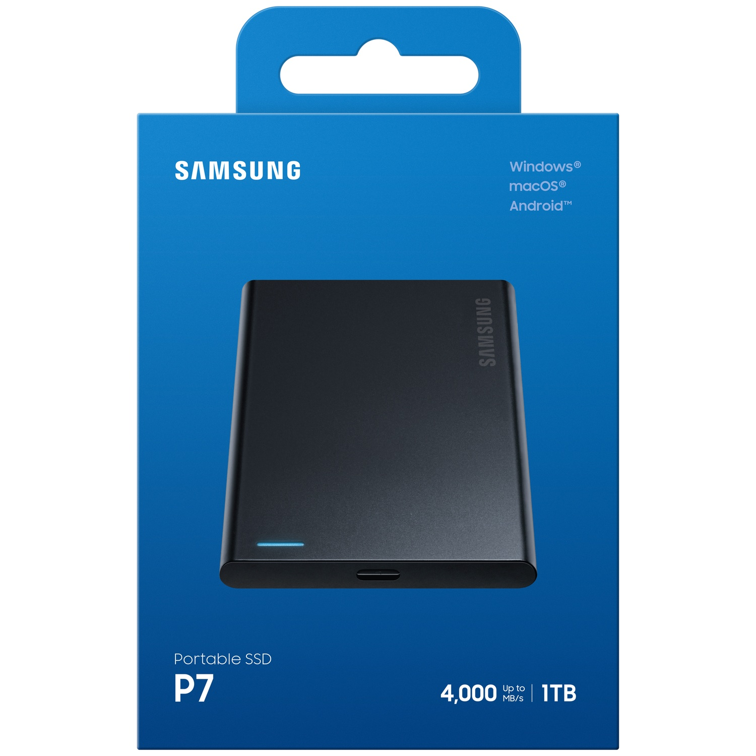 Een blauwe Samsung Portable SSD P7 1TB doos met de zwarte schijf en productdetails.