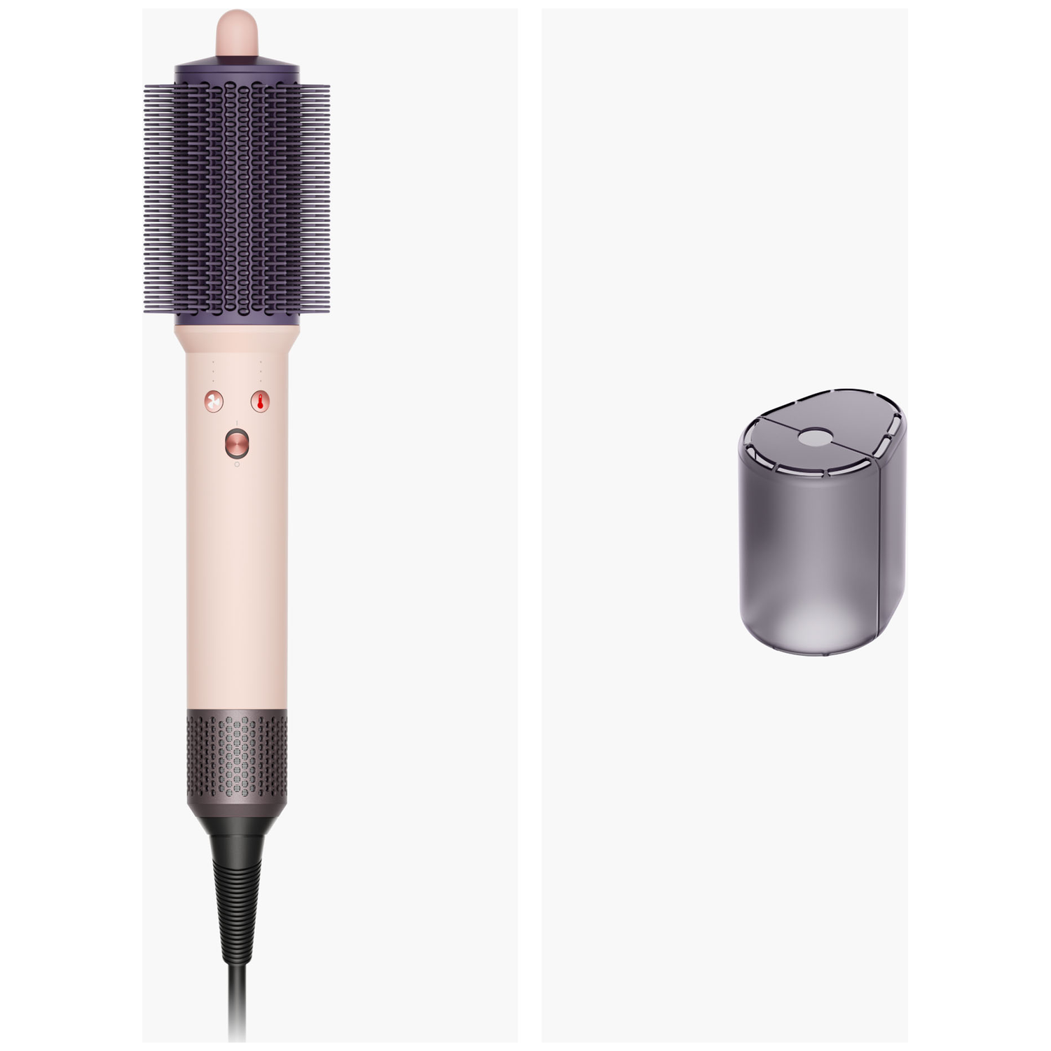 Een roze haarstyler met paarse borstelopzetstuk en een grijs cilindrisch accessoire op een witte achtergrond.