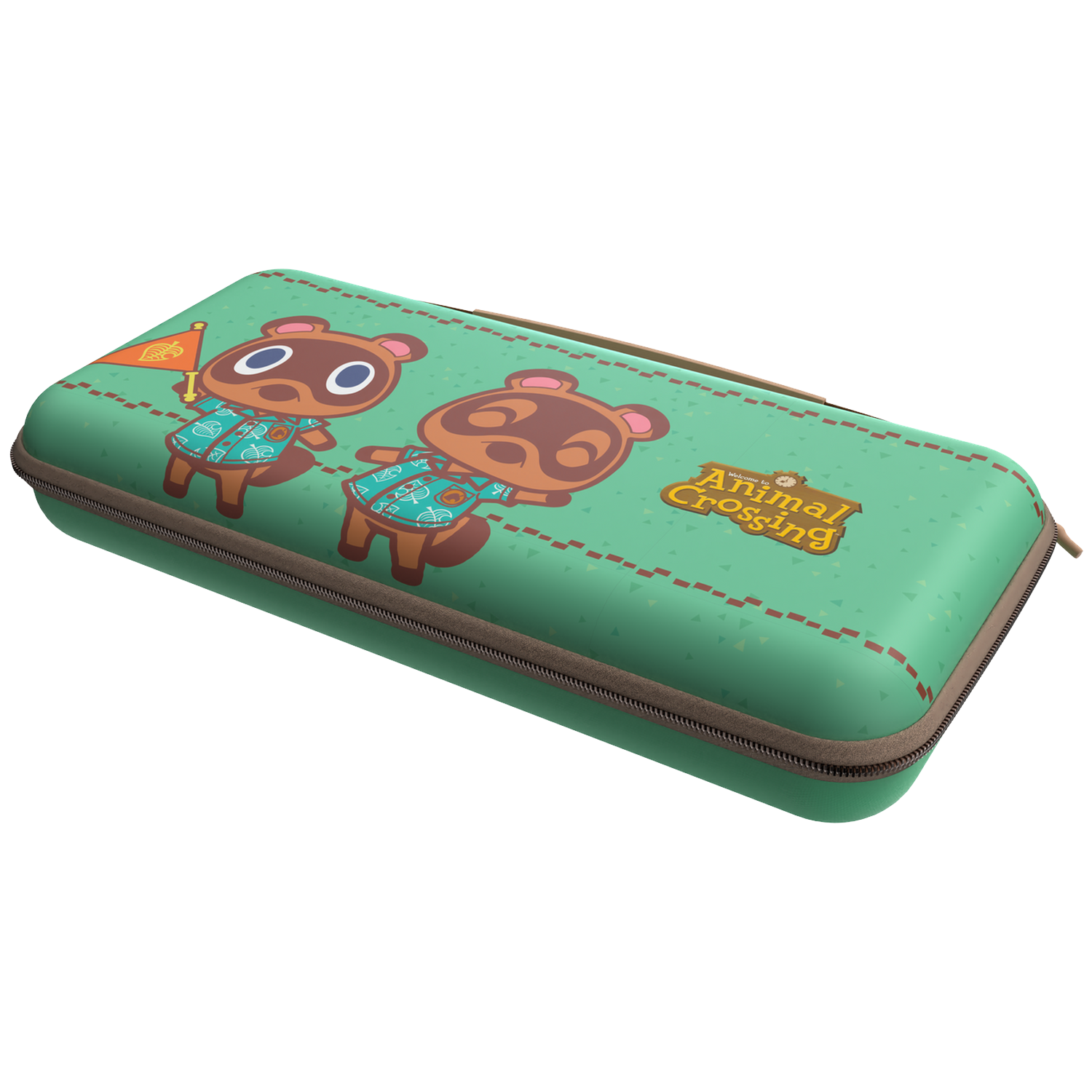 Green Animal Crossing console case featuring Tom Nook characters on top.