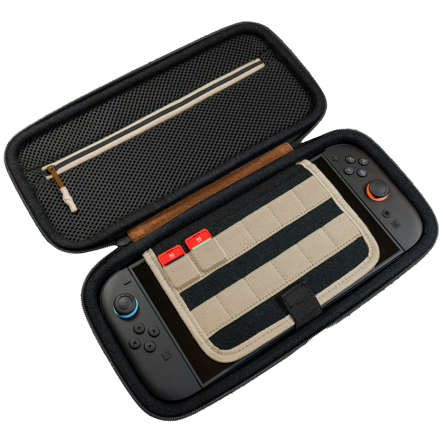 Black Nintendo Switch case containing a console, two red game cartridges in a holder, and a zipped mesh pocket.