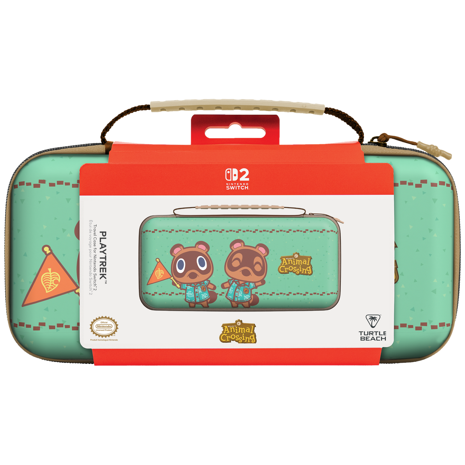 Animal Crossing mint green Nintendo Switch travel case with Tom Nook design inside red packaging.