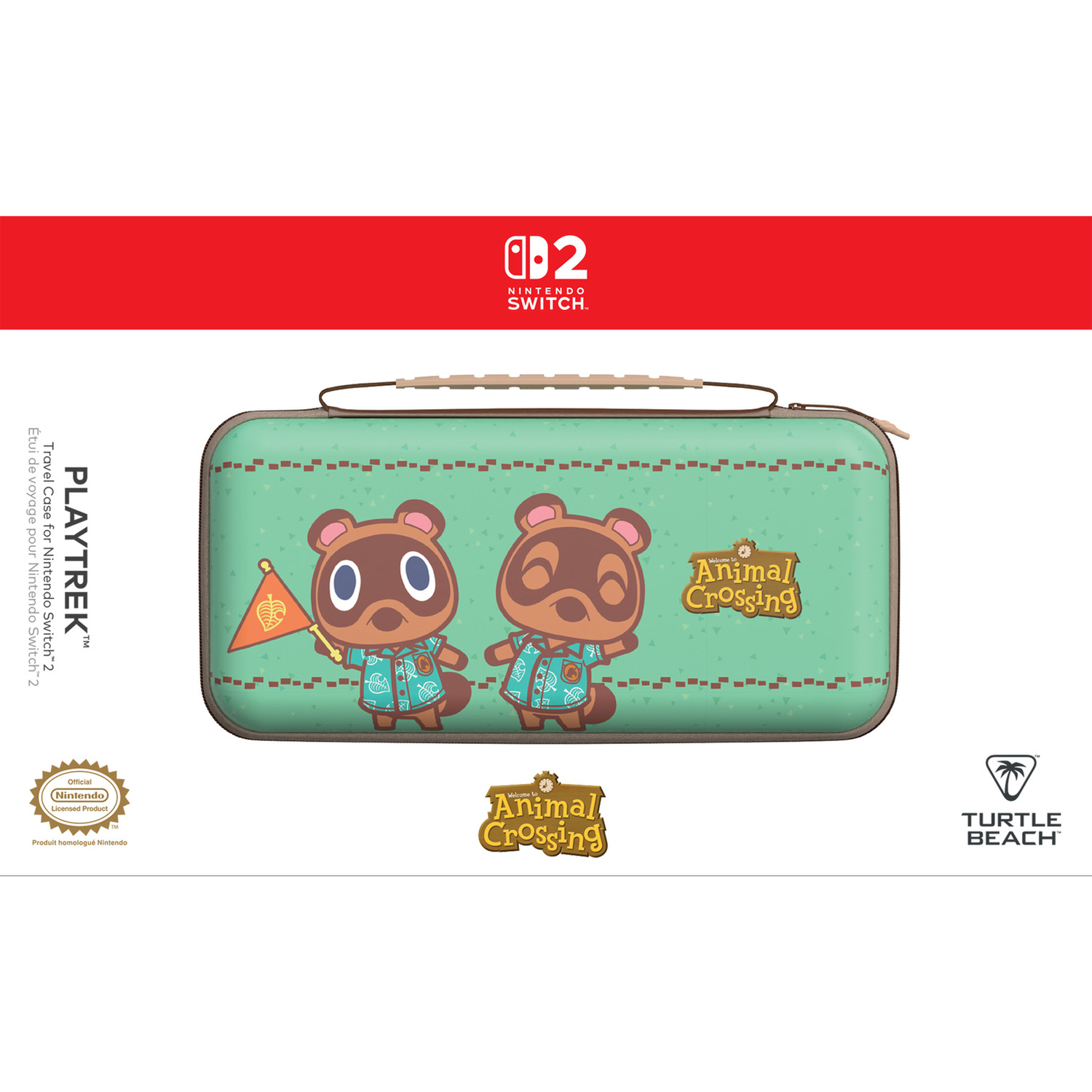 Animal Crossing Nintendo Switch 2 case with Tom Nook on a mint green background.