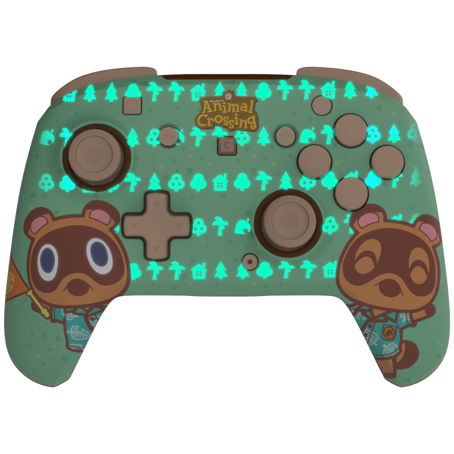 Groene Animal Crossing-controller met Tom Nook-figuren, bruine knoppen en oplichtende patronen op een zwarte achtergrond.