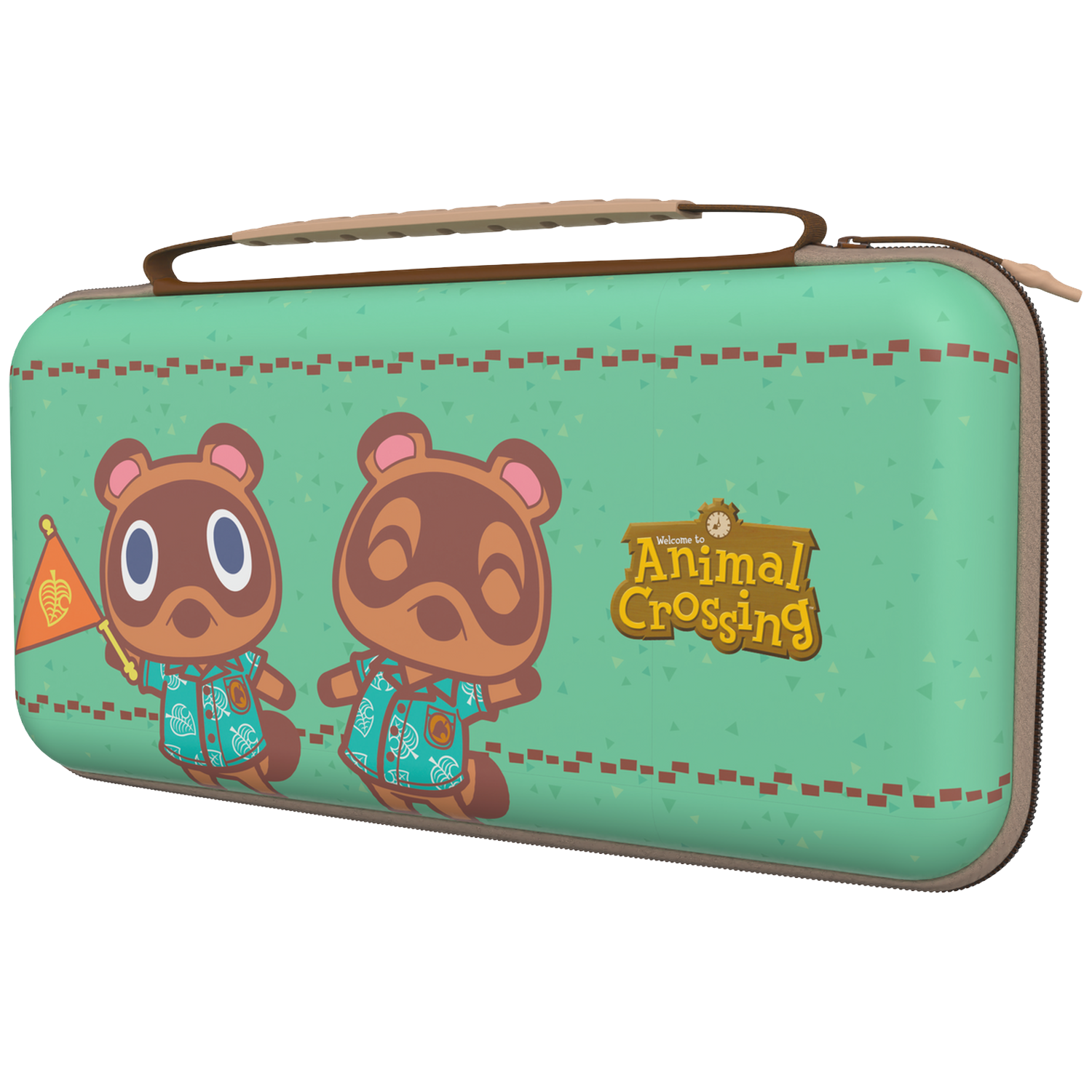 Mint green Animal Crossing Nintendo Switch case featuring Timmy and Tommy.