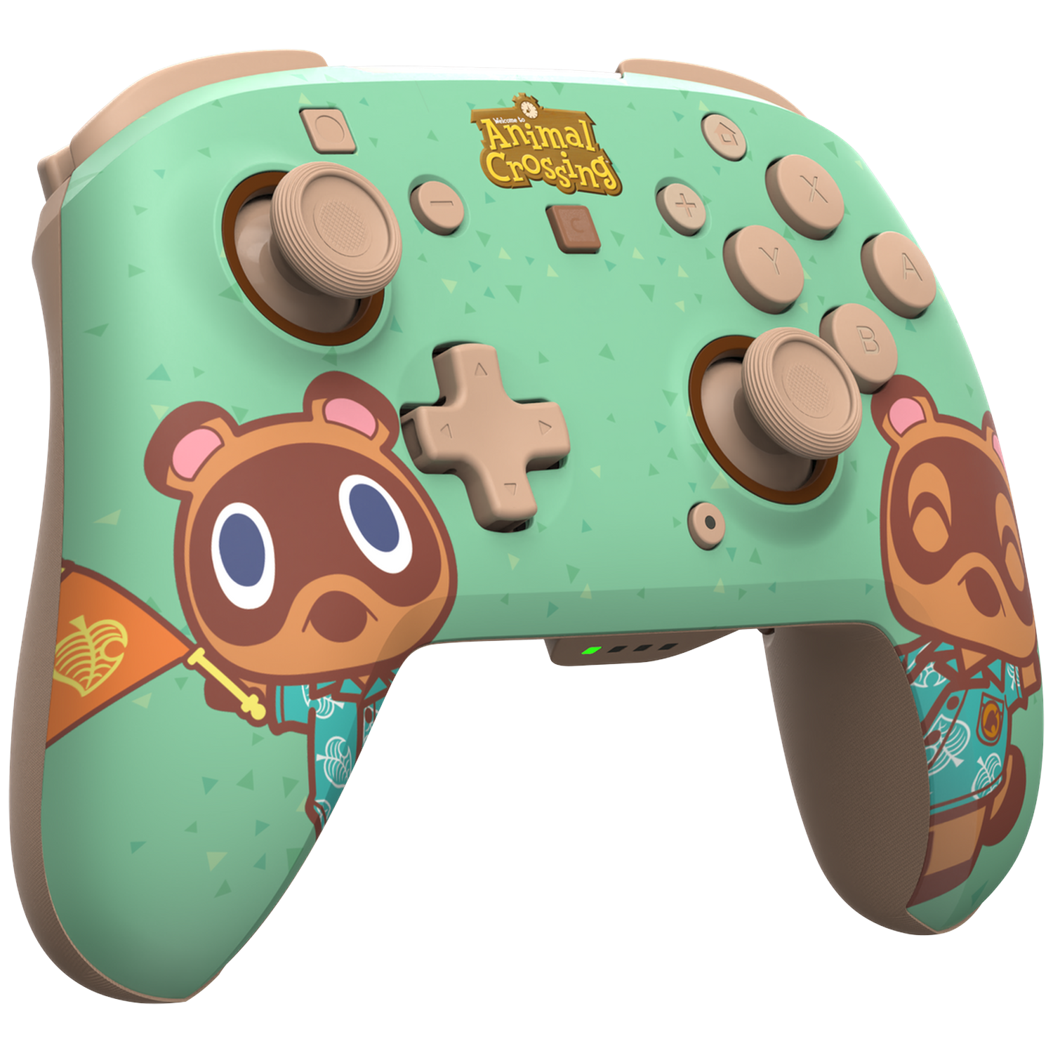 Groene Animal Crossing controller met tanukis en beige knoppen tegen een zwarte achtergrond.