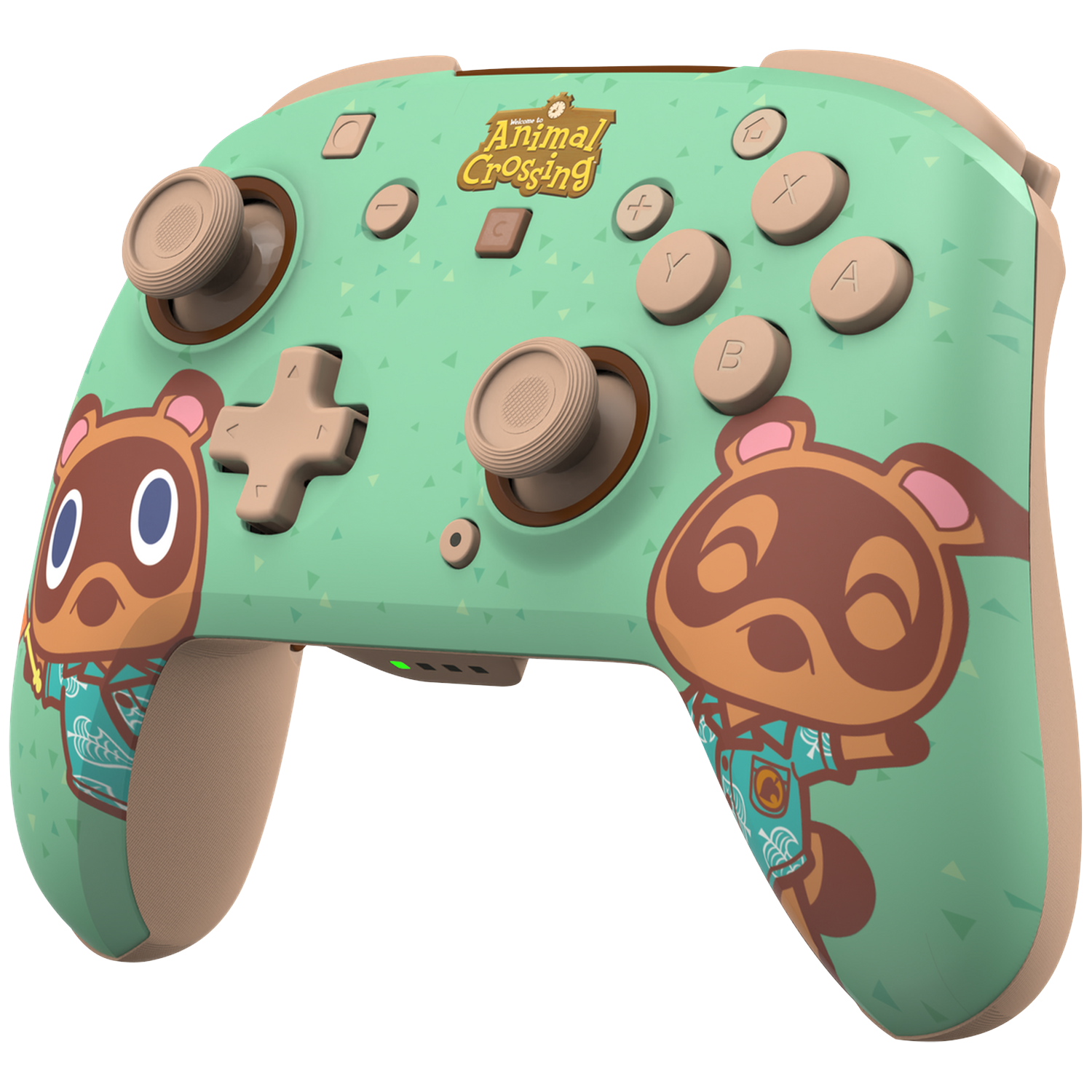 Een Animal Crossing-gamecontroller in mintgroen met bruine accenten en Tom Nook-graphics.