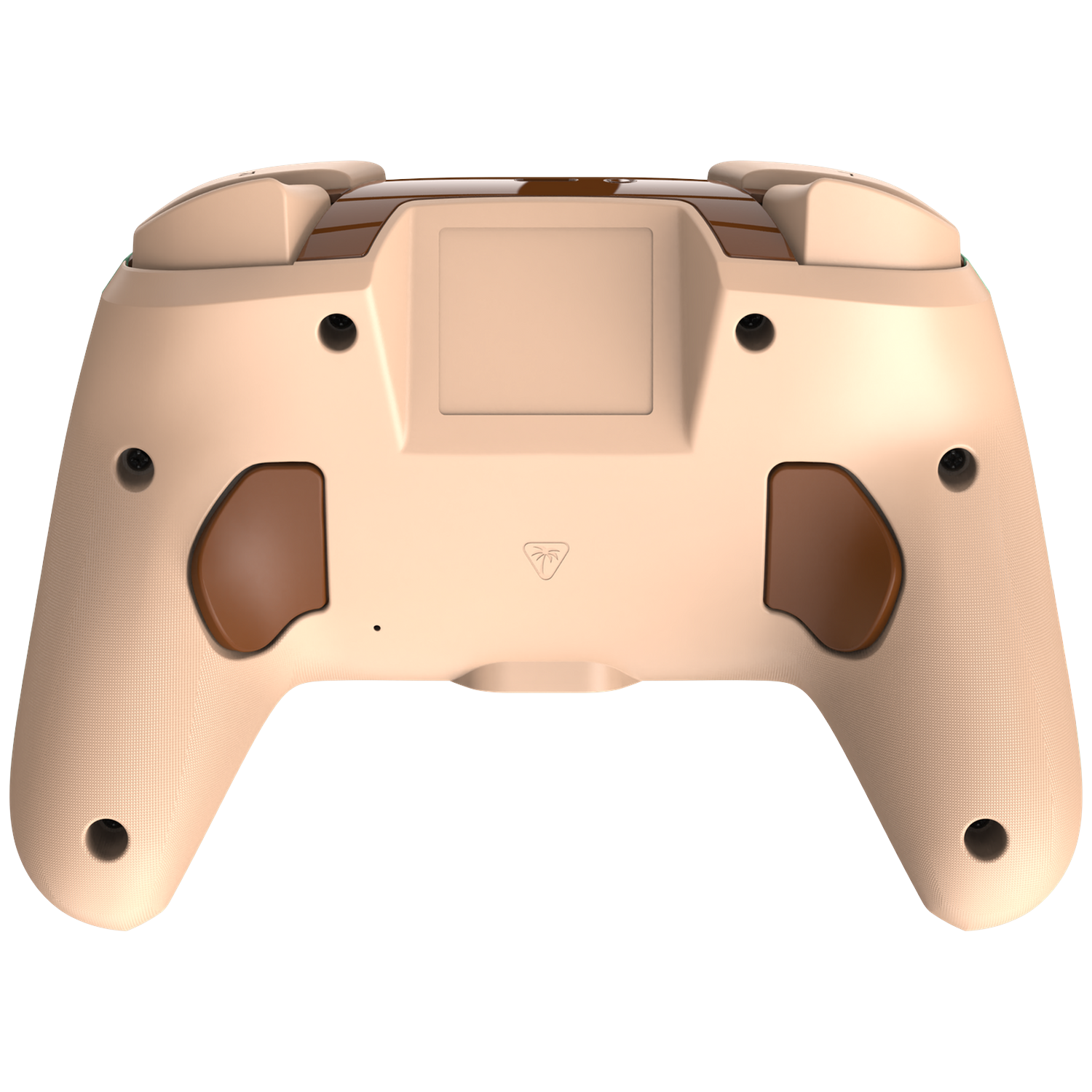 Achteraanzicht van een beige en bruine gamepad met getextureerde grepen en schouderknoppen op zwarte achtergrond.
