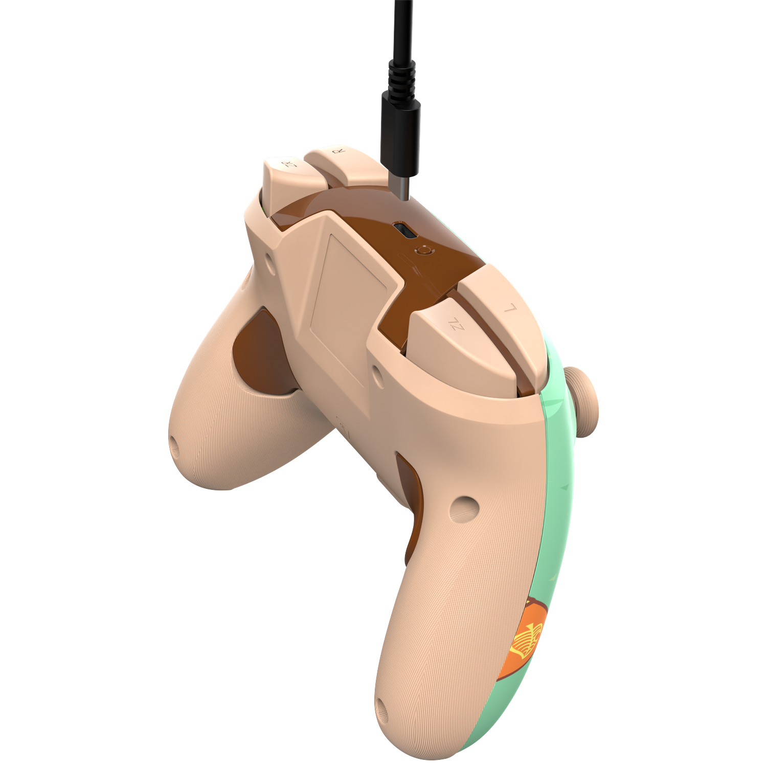 Een beige en bruine gamecontroller met een USB-kabel aangesloten aan de bovenkant.