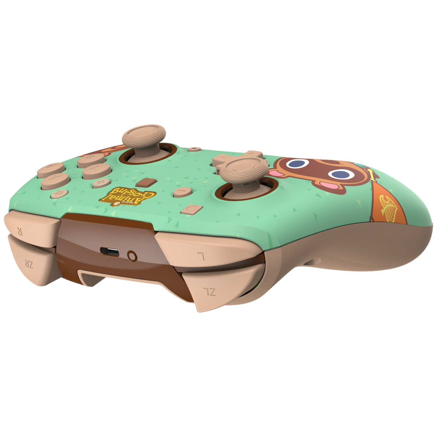 Groene Animal Crossing gamecontroller met bruine knoppen tegen een zwarte achtergrond.