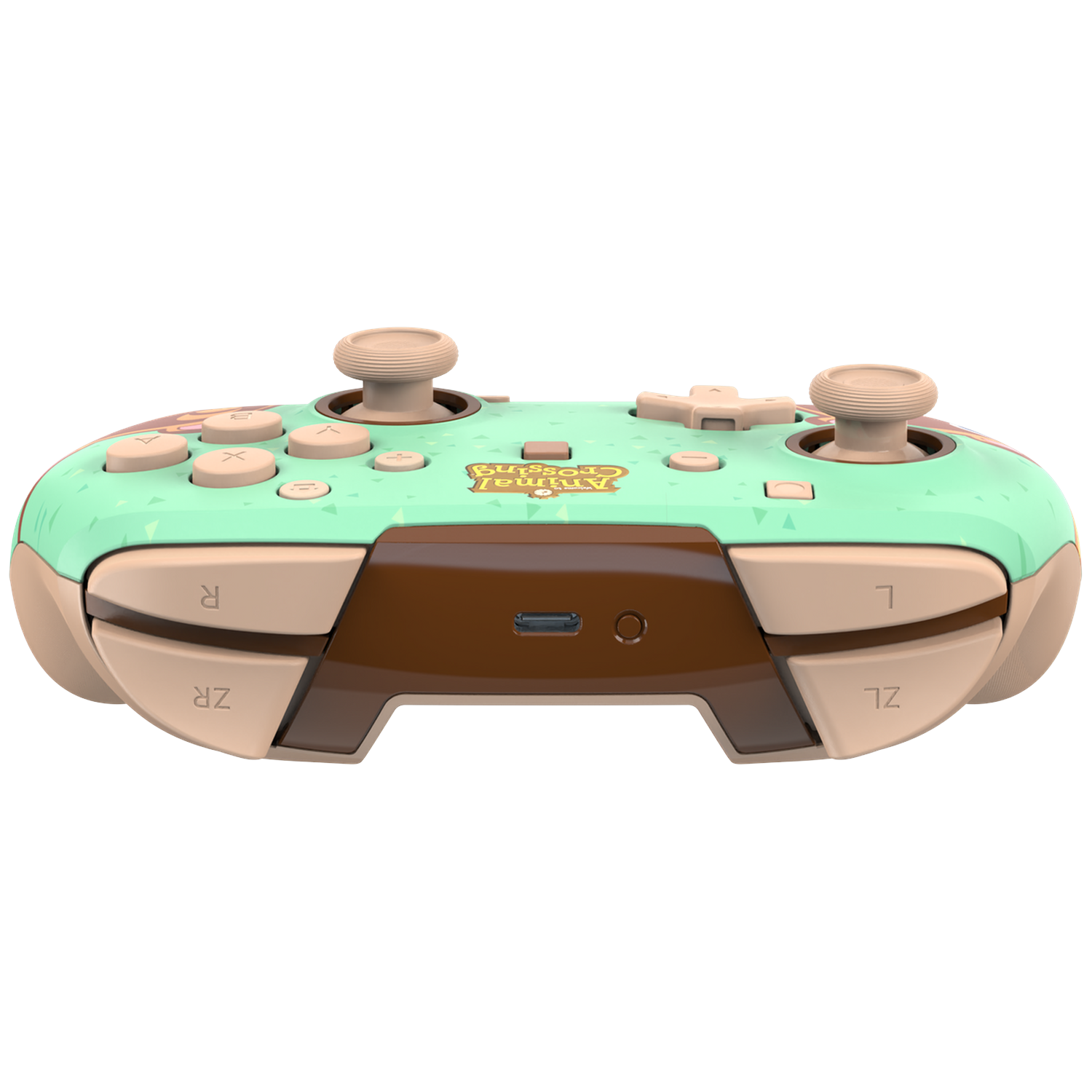 Pastelgroene draadloze controller met Animal Crossing-thema en bruine accenten.