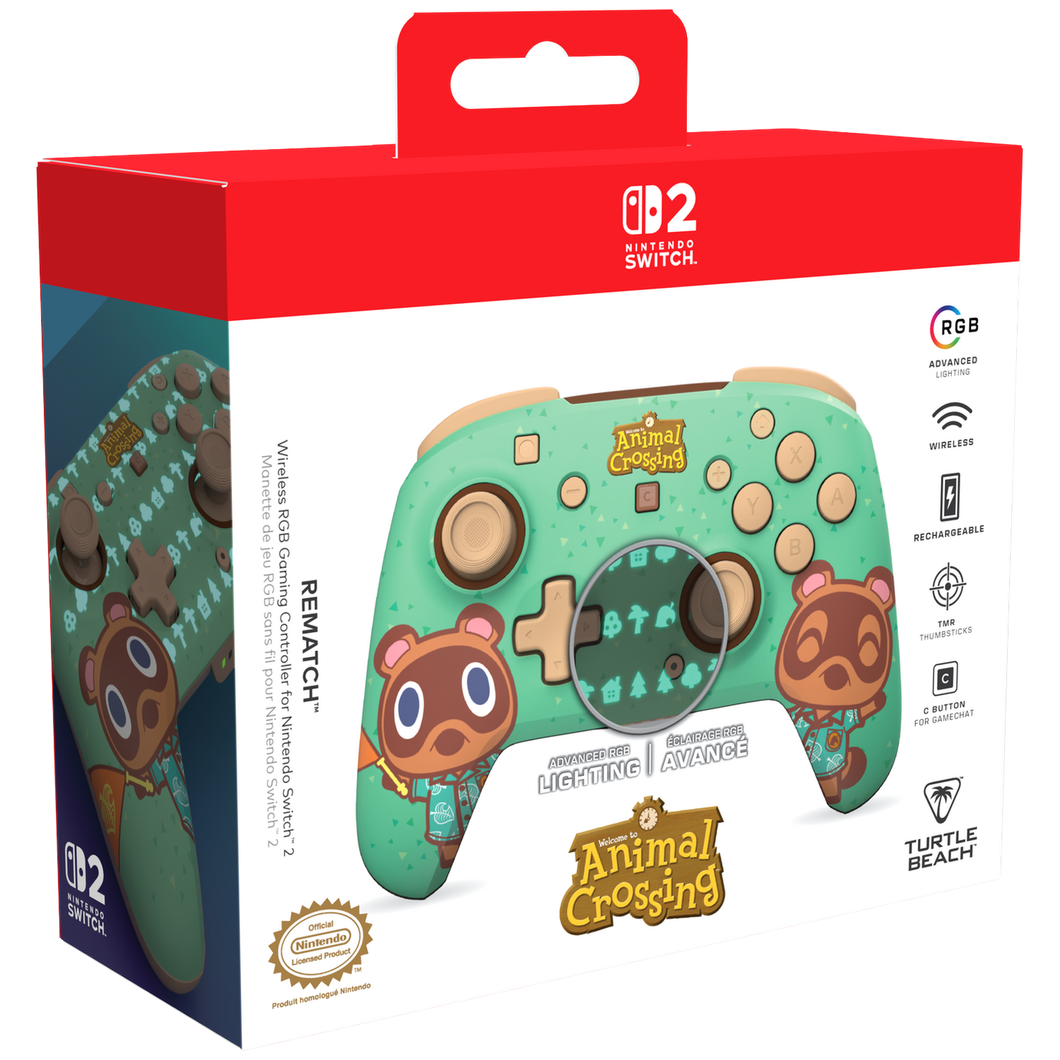 Een draadloze controller met Animal Crossing-thema in verpakking, lichtgroen met Tom Nook.