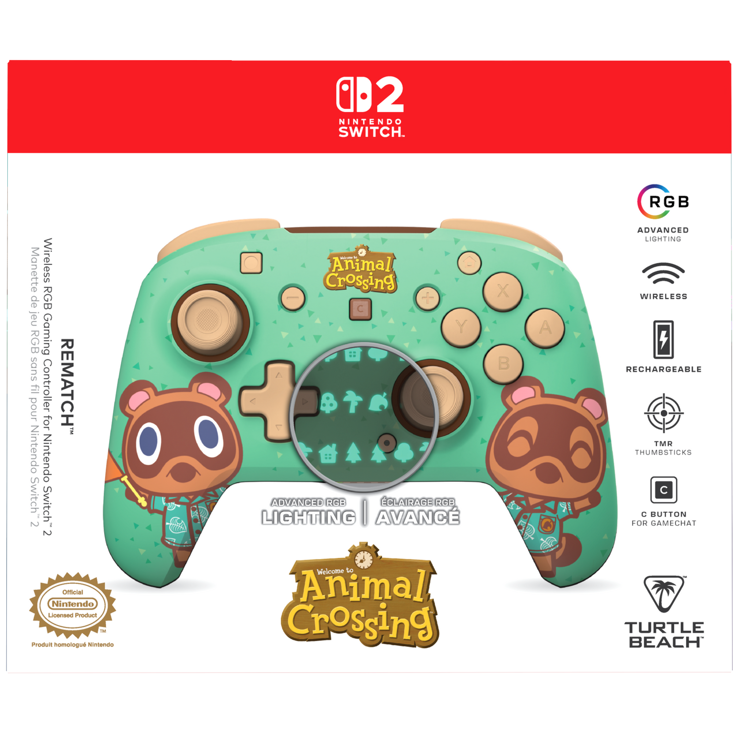 Groene draadloze Nintendo Switch 2-controller met Animal Crossing-thema en Tom Nook.