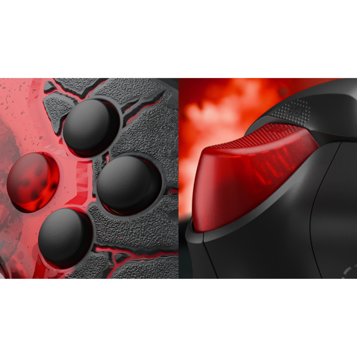 Primer plano de un mando negro con textura agrietada, brillo rojo y botones de disparo rojos texturizados.