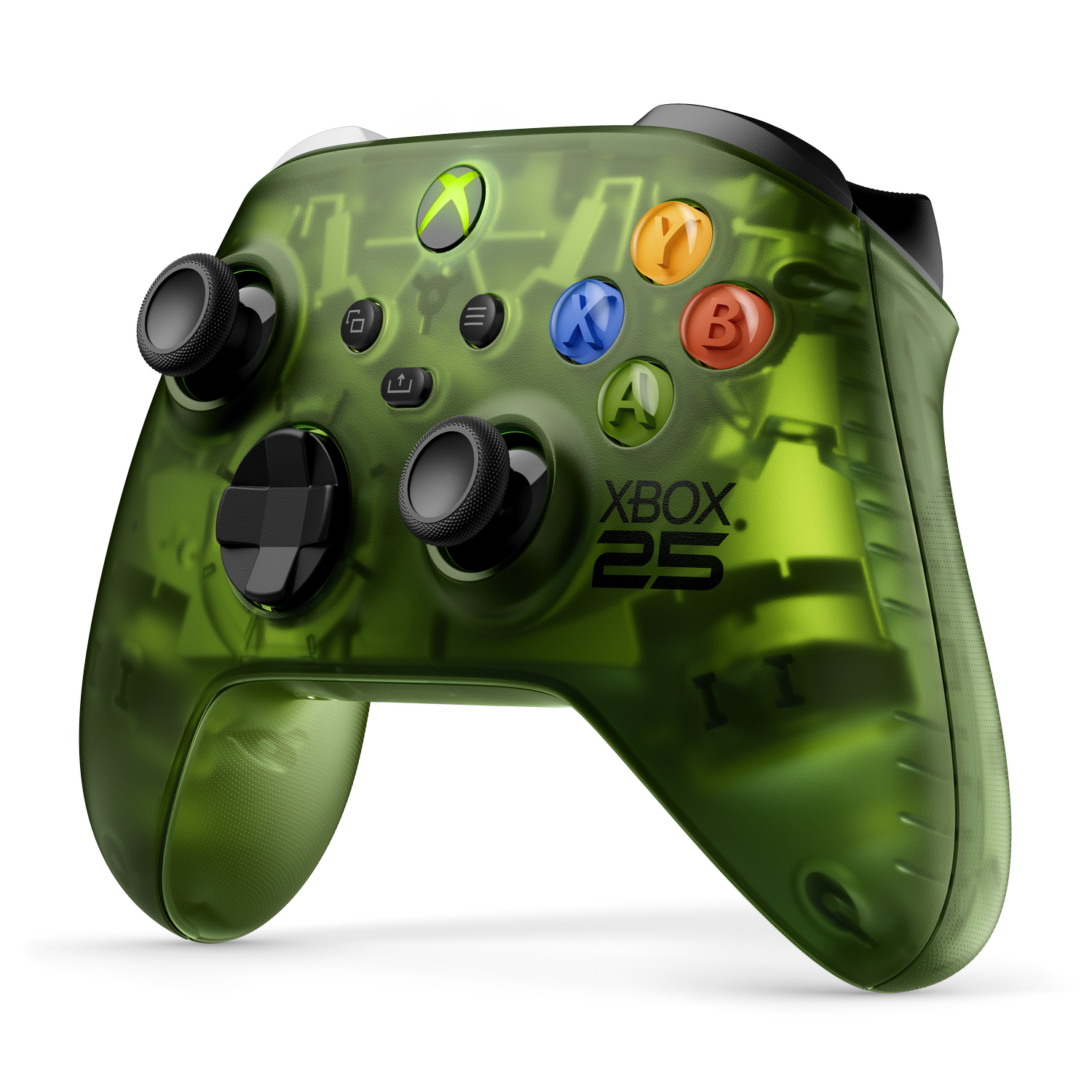 Un mando Xbox verde transparente del 25 aniversario con botones negros y el texto XBOX 25 en el cuerpo.