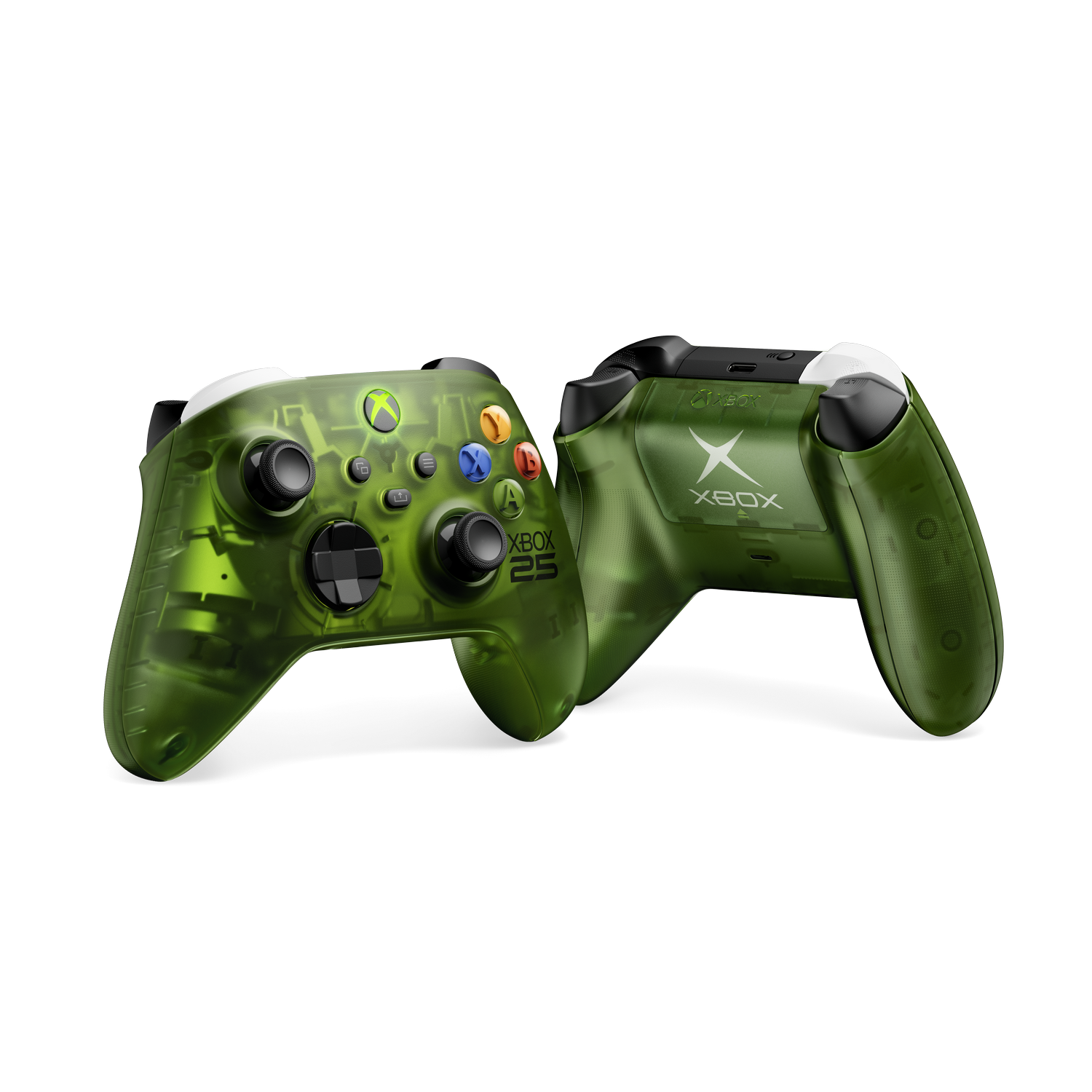 Dos mandos translúcidos verdes del 25 aniversario de Xbox sobre fondo negro.