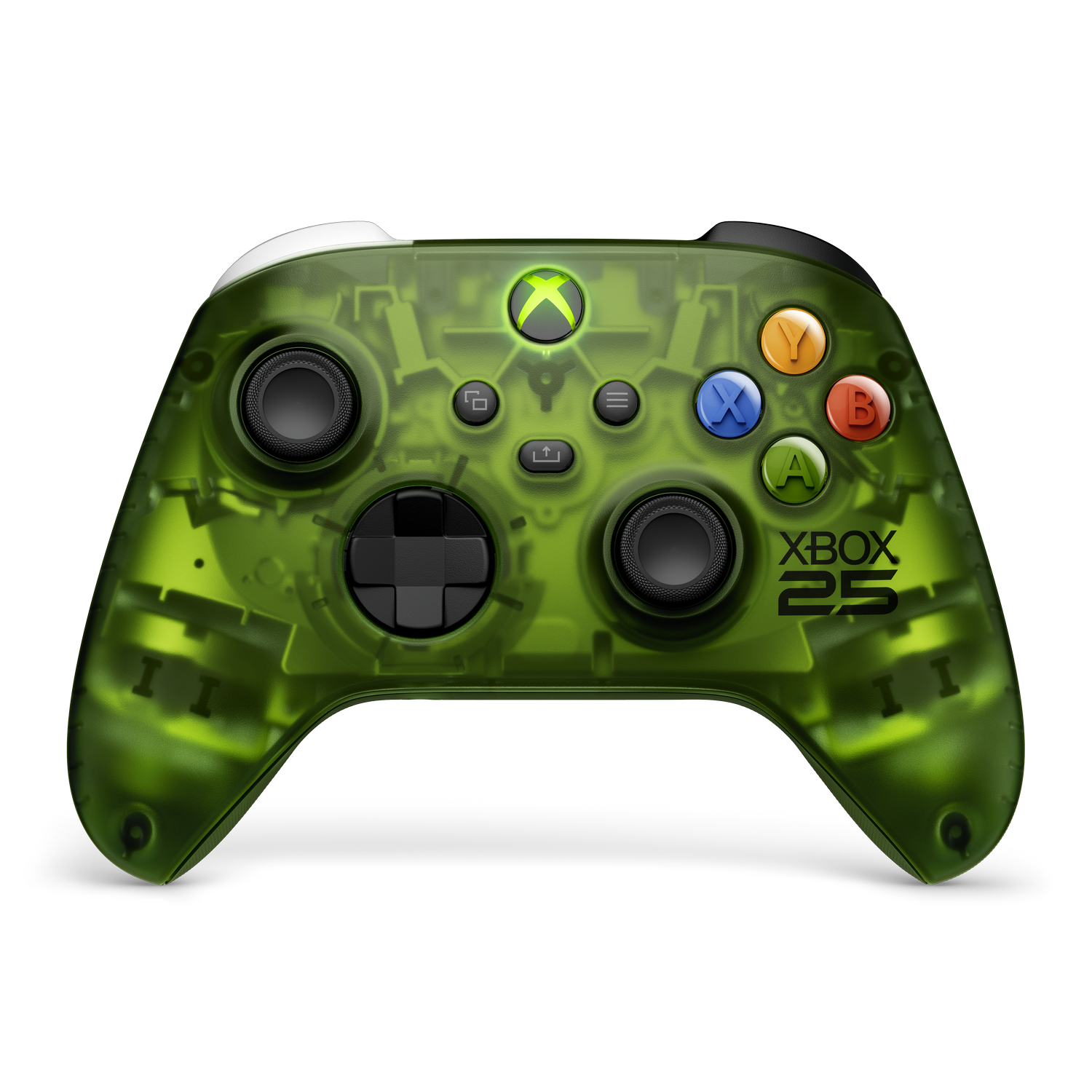 Controlador Xbox verde traslúcido con joysticks negros y botones ABXY coloridos sobre fondo negro.