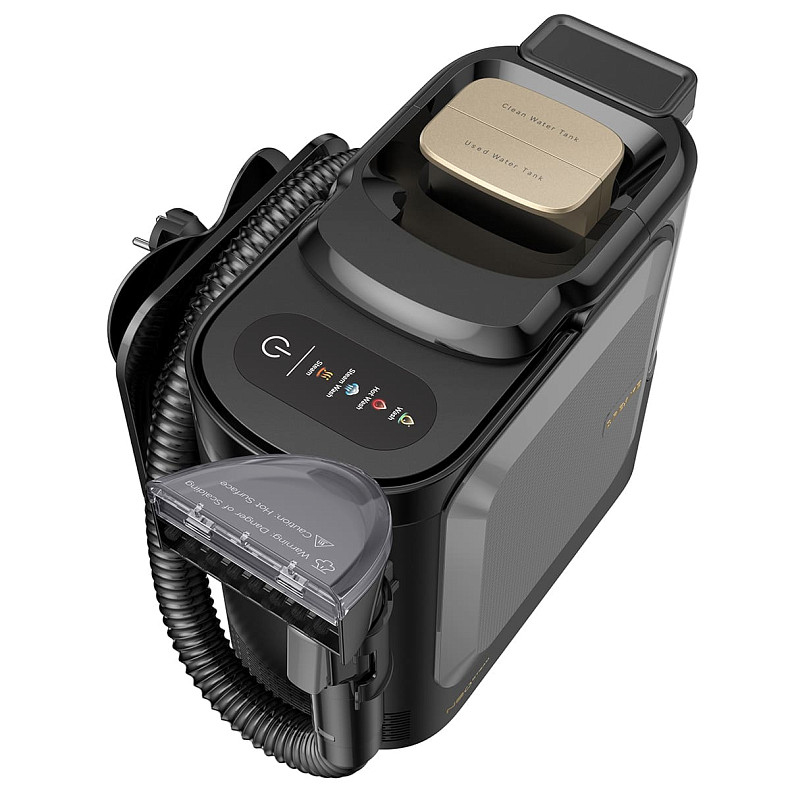 Un dispositivo de limpieza negro con botones de control, tanques de agua limpia y sucia, y una manguera flexible.