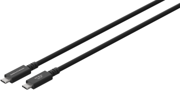 Egy fekete USB-C kábel csatlakozókkal a két végén sötét háttér előtt.